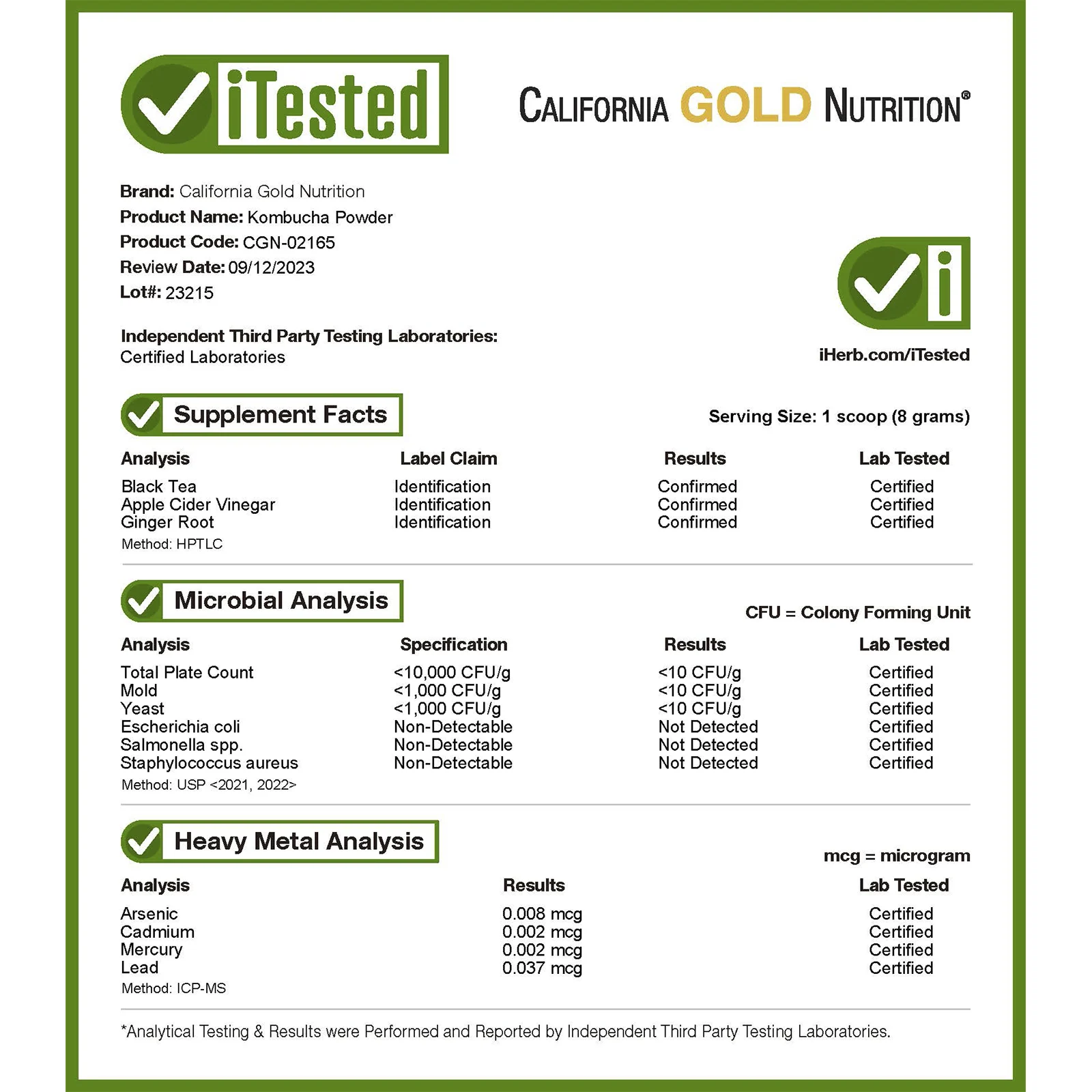 California Gold Nutrition, Superfoods, порошок чайного гриба, имбирь и лимон, 160 г (5,64 унции)