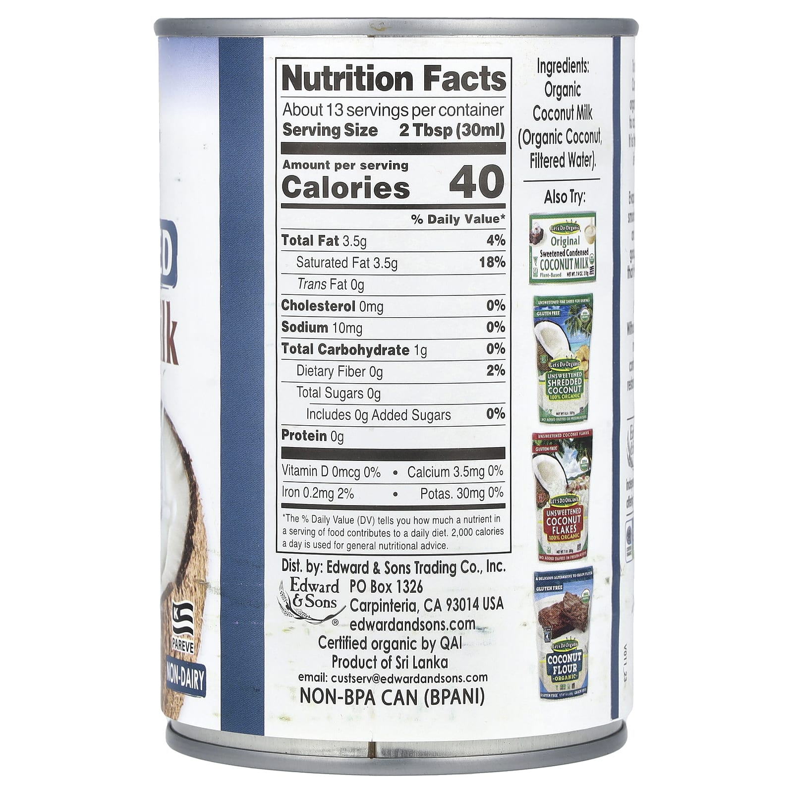 Edward & Sons, Let's Do Organic®, органическое сгущенное кокосовое молоко, без сахара, 398 мл (13,5 жидк. унц.)