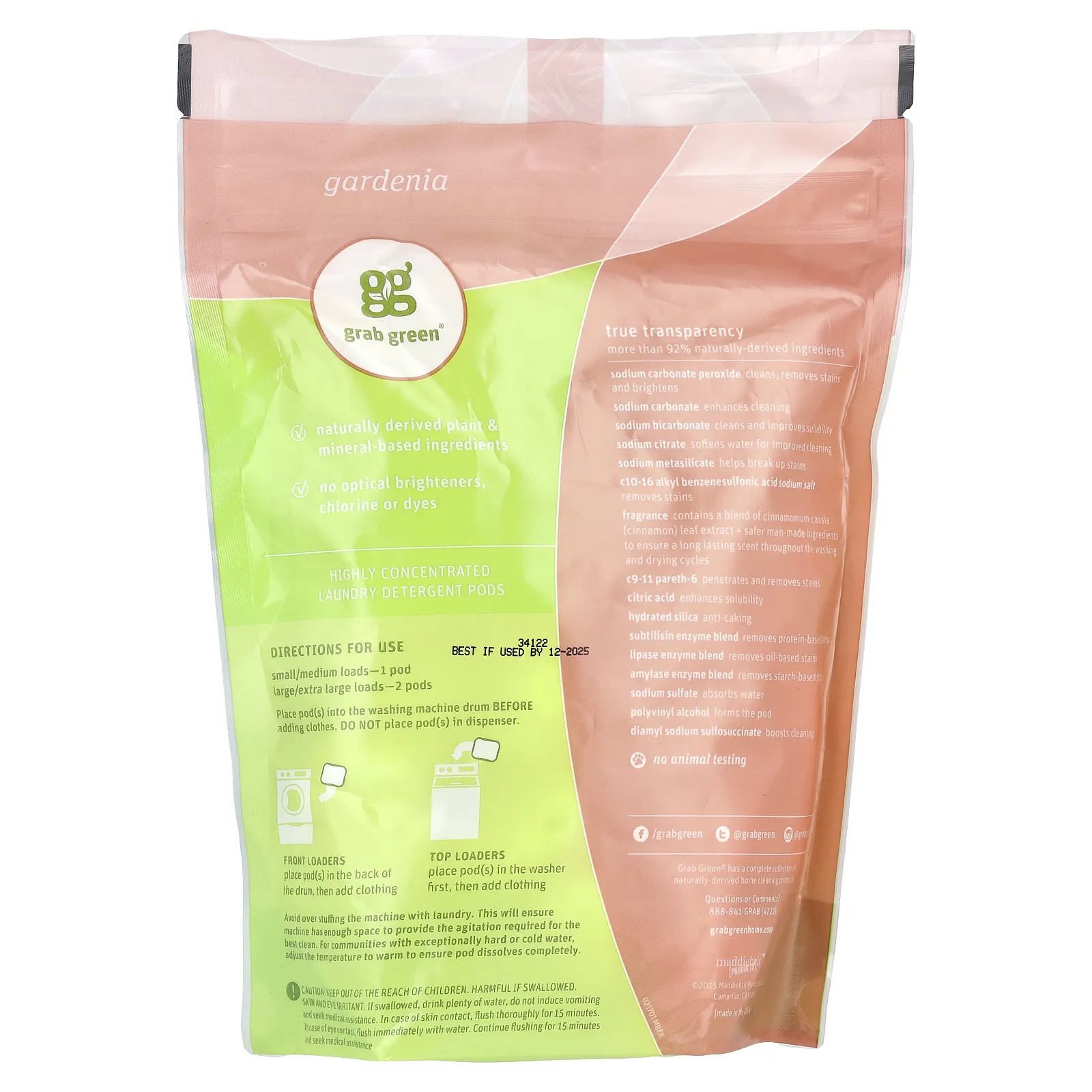 Grab Green, Капсулы со стиральным порошком 3-в-1, гардения, 24 стирки, 384 г (13,5 унции)