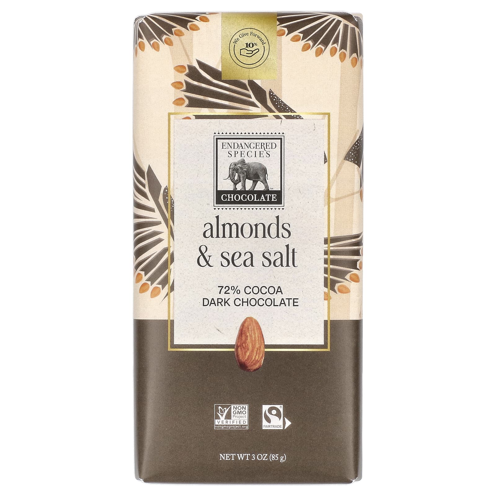 Endangered Species Chocolate, черный шоколад с миндалем и морской солью, 72% какао, 85 г (3 унции)