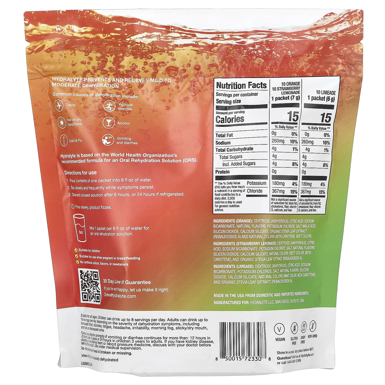 Hydralyte, шипучий электролитный порошок, ассорти вкусов, апельсин, клубничный лимонад и лаймад, 30 отдельных пакетиков