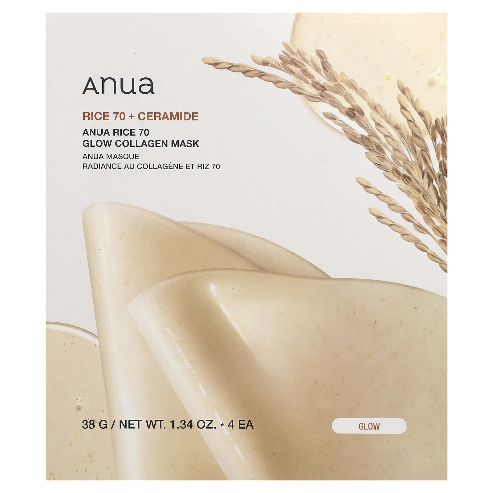 Anua, Rice 70 Glow Collagen, маска для лица с коллагеном, 4 шт. по 38 г (1,34 унции)