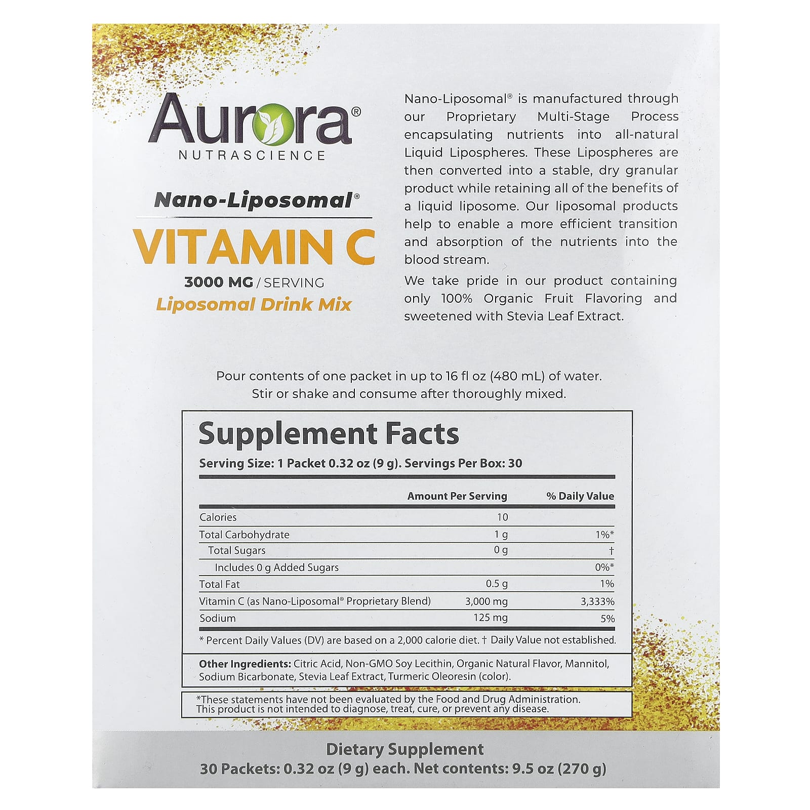 Aurora Nutrascience, Nano-Liposomal®, витамин C, 3000 мг, 30 пакетиков по 9 г (0,32 унции)