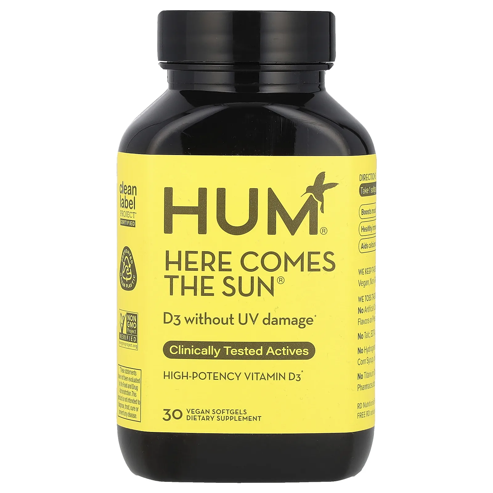HUM Nutrition, Here Comes The Sun®, высокоэффективный витамин D3, 50 мкг, 30 веганских мягких таблеток