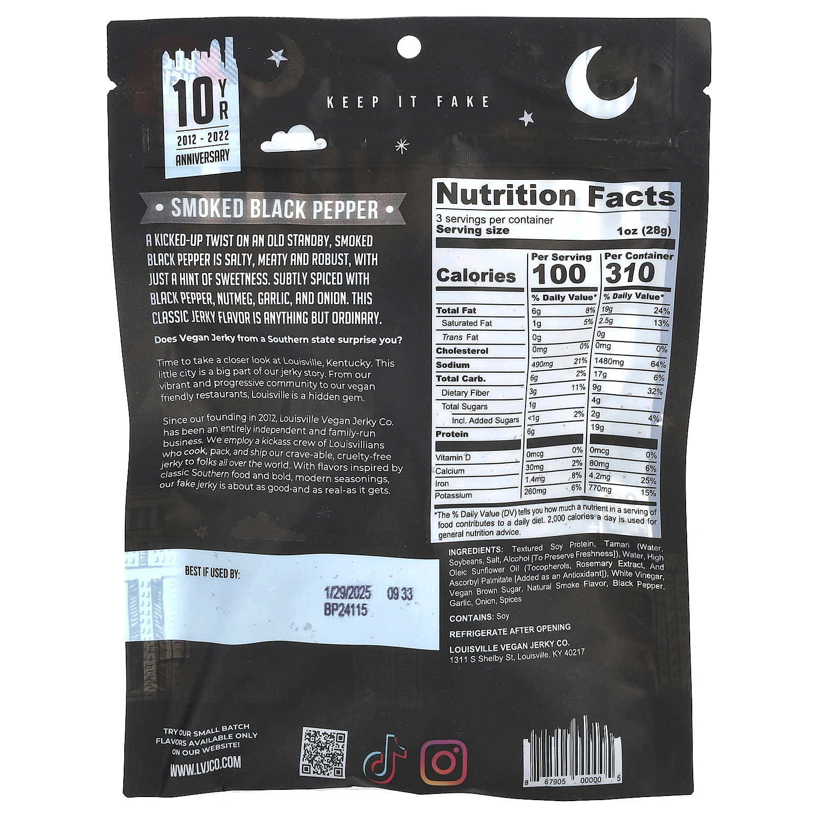 Louisville Vegan Jerky Co, Копченый черный перец, 85,05 г (3 унции)