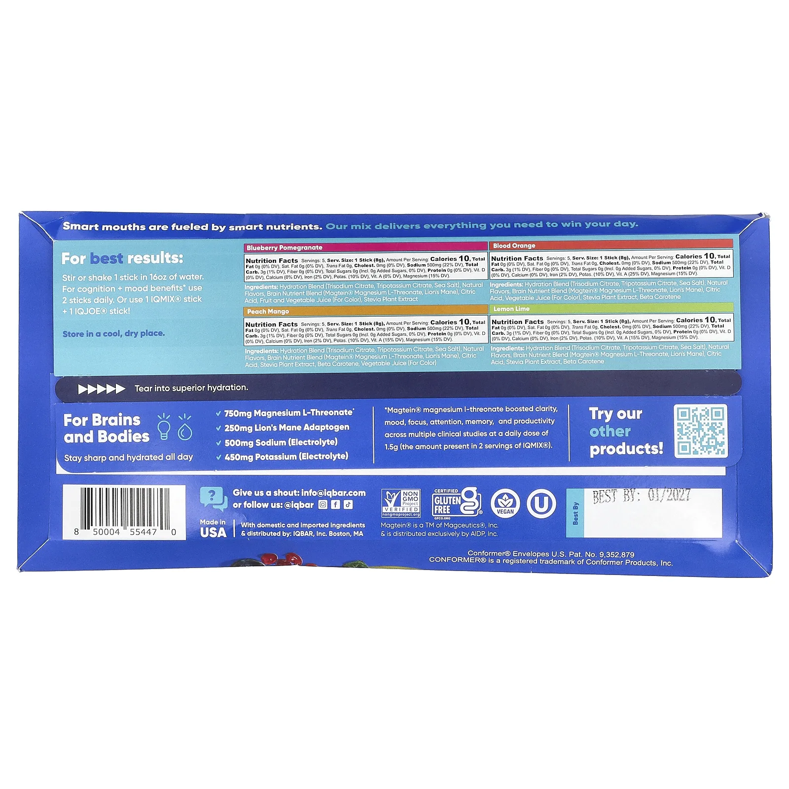 IQBAR, IQMIX®, смесь для увлажнения, чистоты и настроения, набор разных вкусов, 20 стиков по 8 г (0,28 унции)