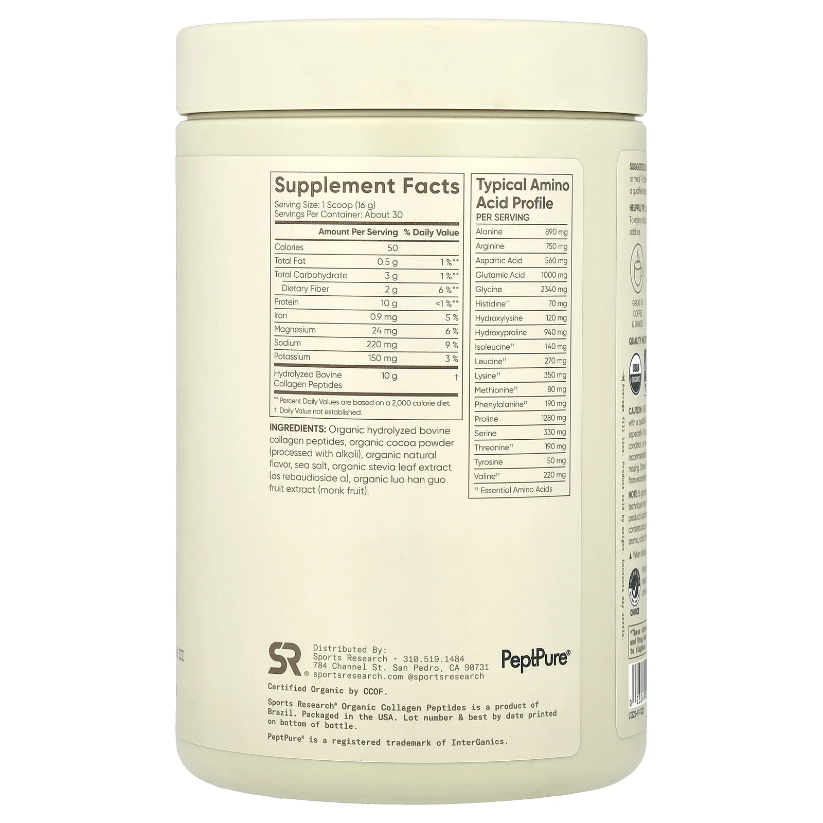 Sports Research, Органические пептиды коллагена, темный шоколад, 480 г (16,93 унции)