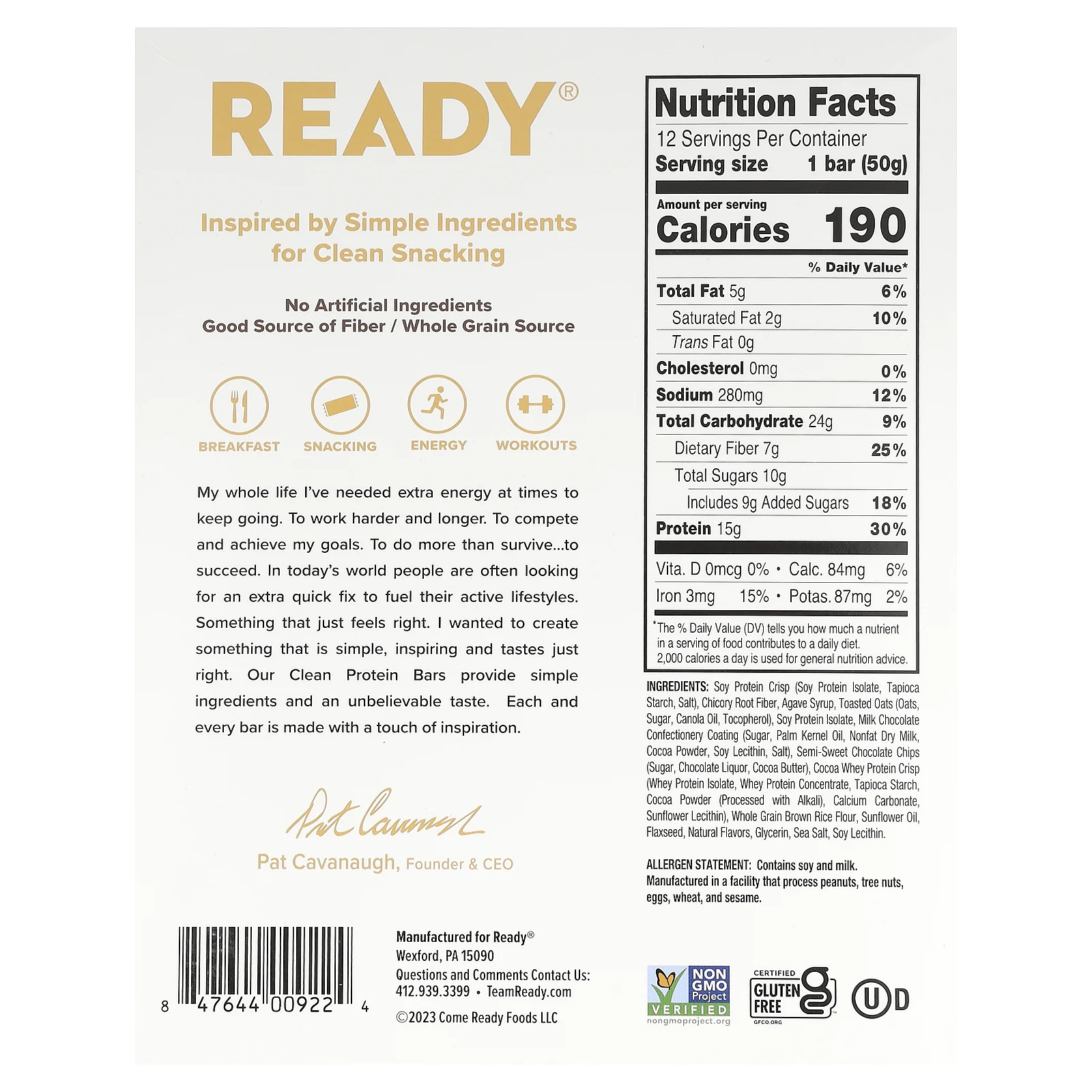 Ready, Clean Protein Bar, шоколадная крошка, 12 батончиков, 50 г (1,76 унции)