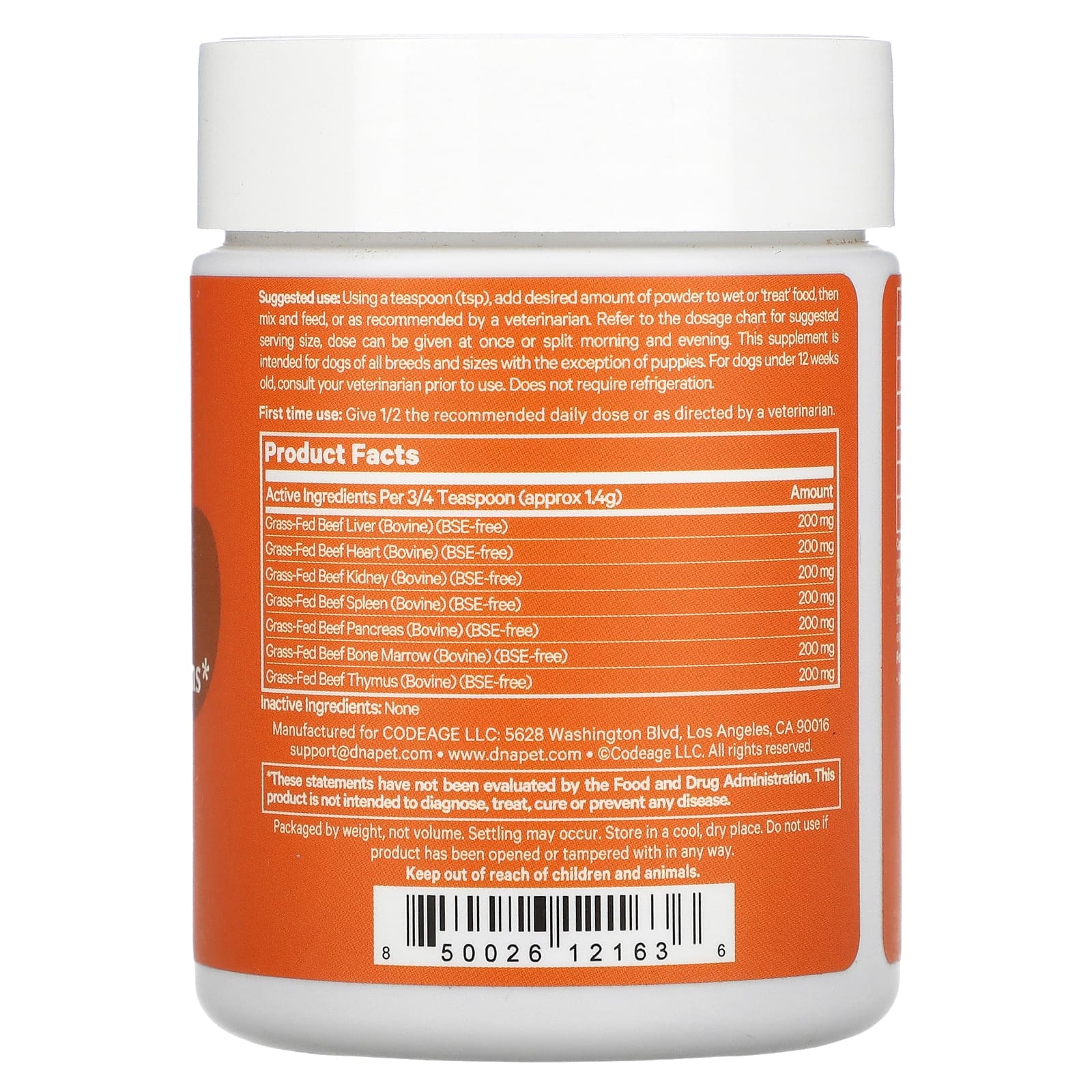 Codeage, DNA Pet, для здоровья органов, формула для нескольких органов и желез, для собак, 85 г (3 унции)