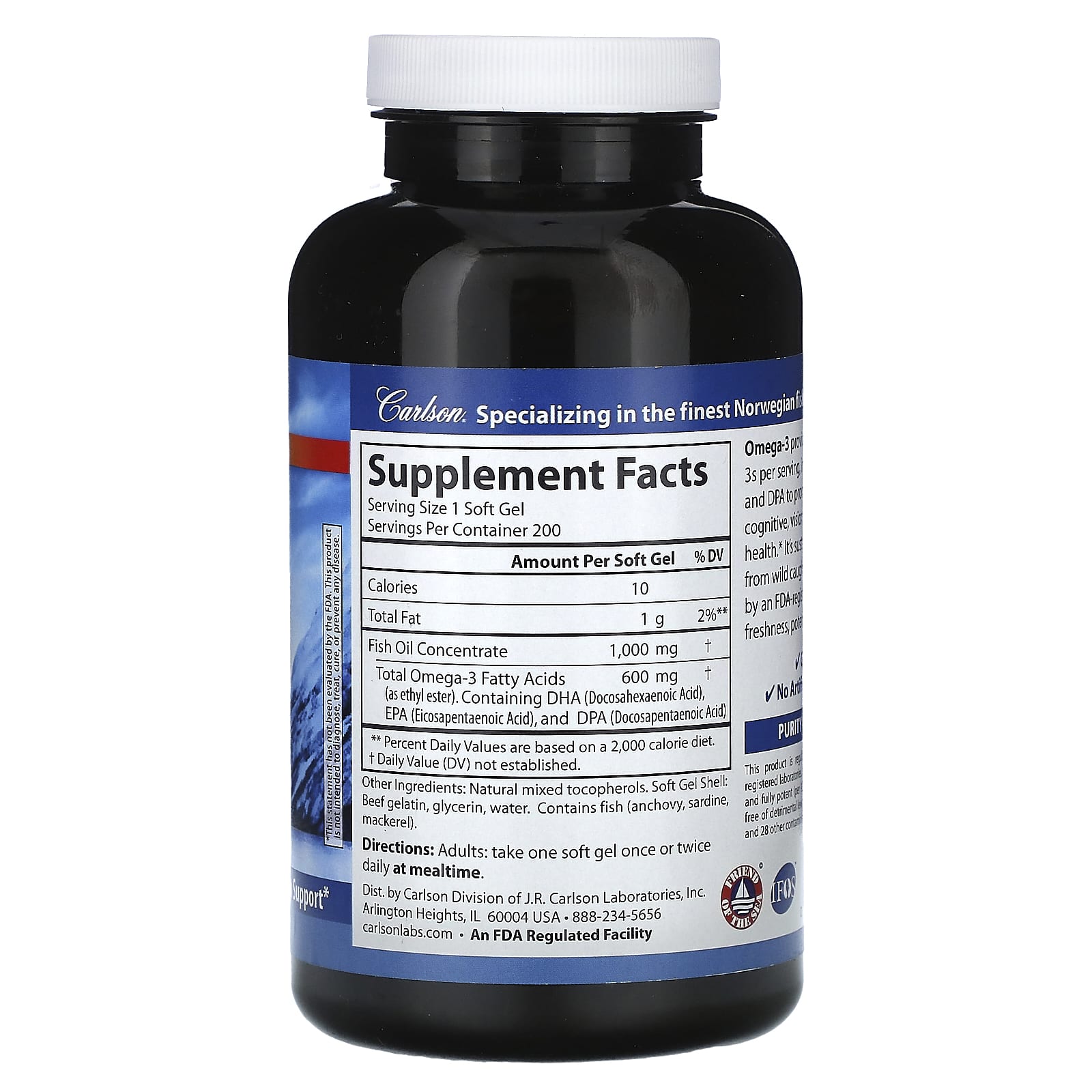 Carlson, Омега-3 из дикой рыбы, 600 мг, 200 мягких таблеток