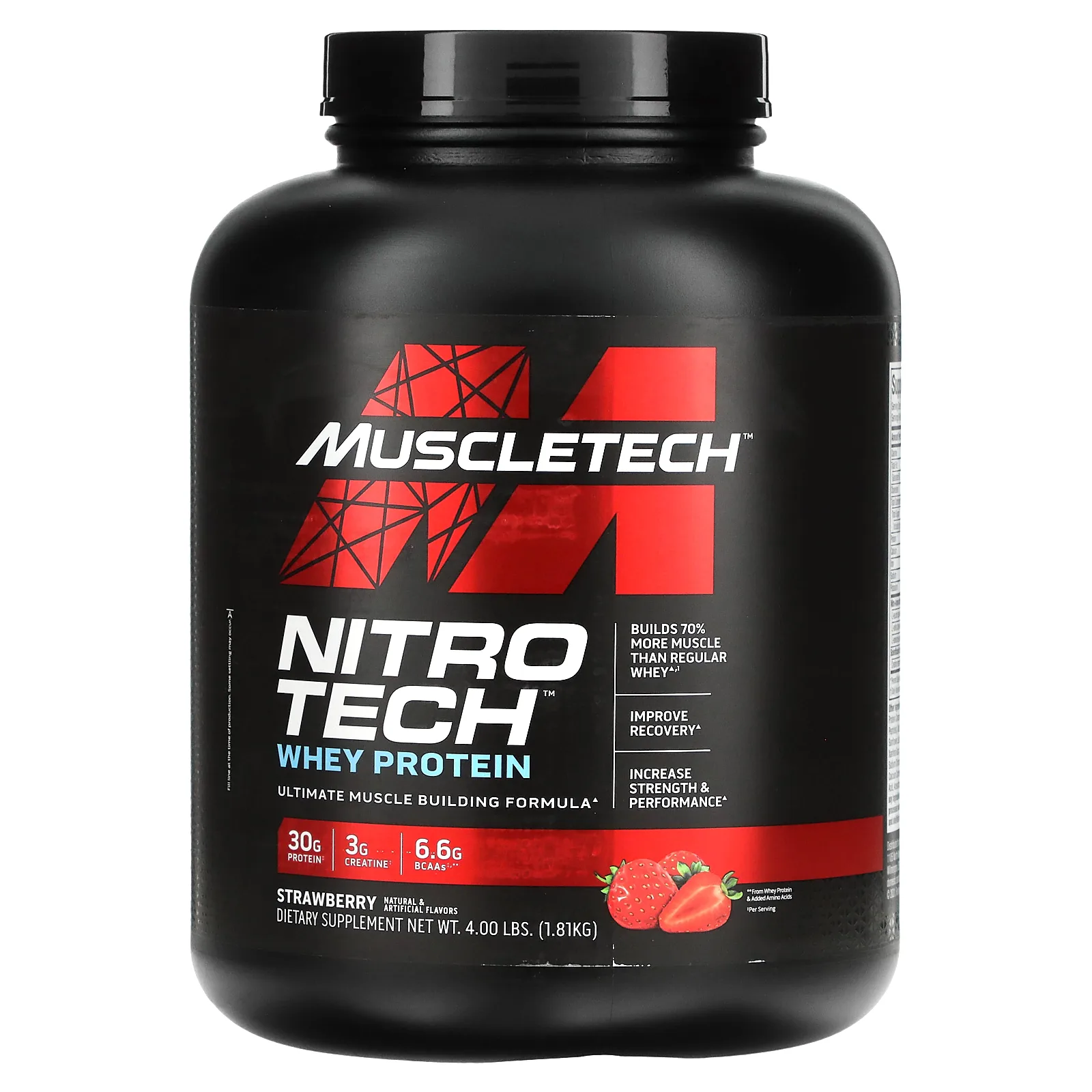 MuscleTech, серия Performance, Nitro Tech, основной источник сывороточных пептидов и изолятов, клубничный вкус, 1,81 кг (4 фунта)