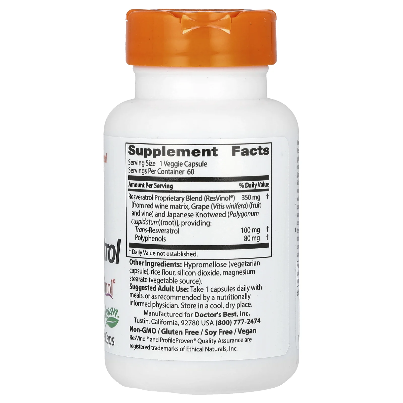 Doctor's Best, транс-ресвератрол 100 с ResVinol, 100 мг, 60 вегетарианских капсул