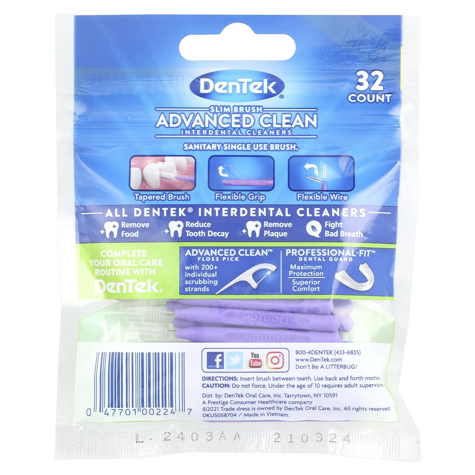 DenTek, Средство для чистки межзубных промежутков Slim Brush, очень плотное средство для полоскания рта, 32 штуки