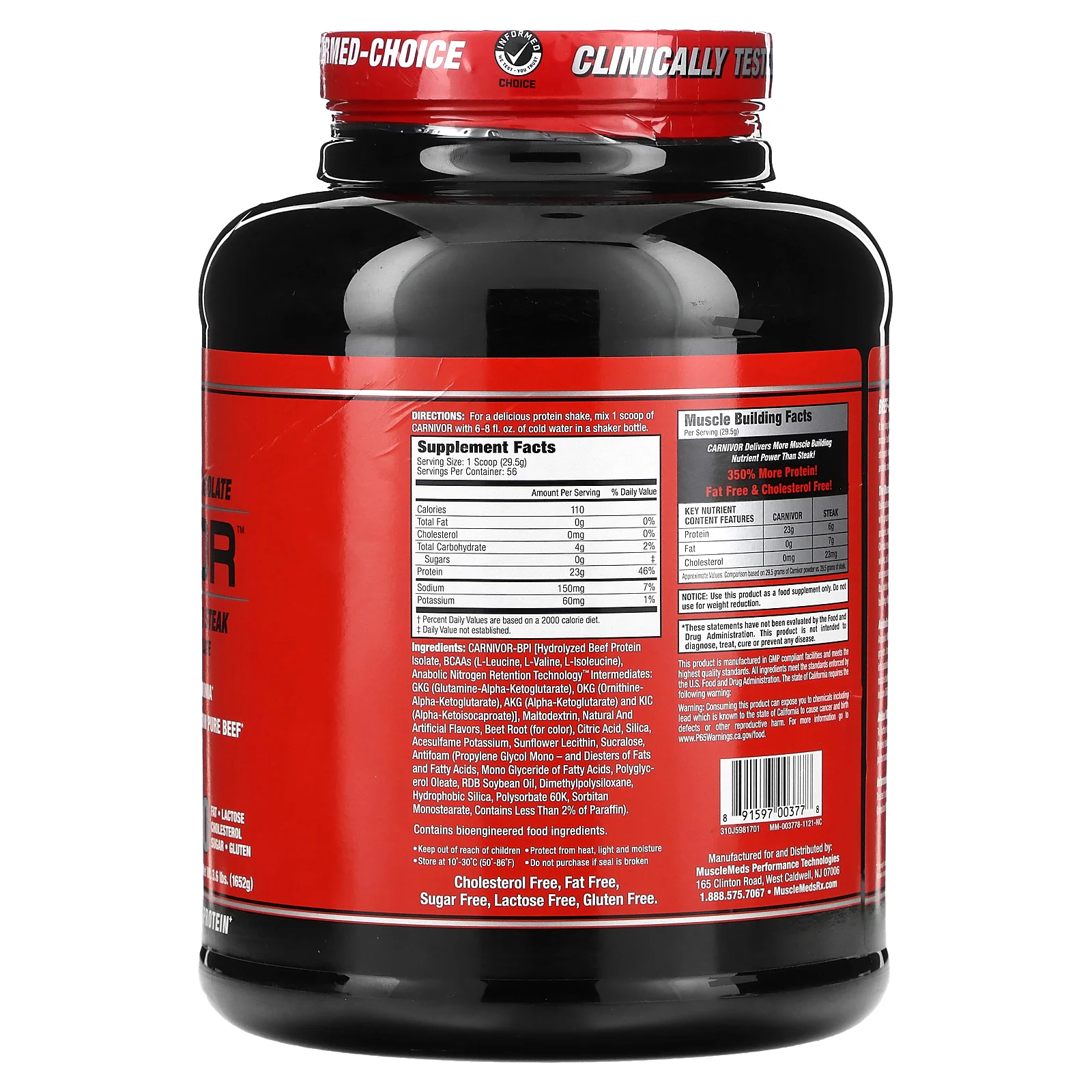 MuscleMeds, Carnivor, изолят говяжьего белка, полученный с помощью биоинженерии, со вкусом клубники, 1652 г (3,6 фунта)