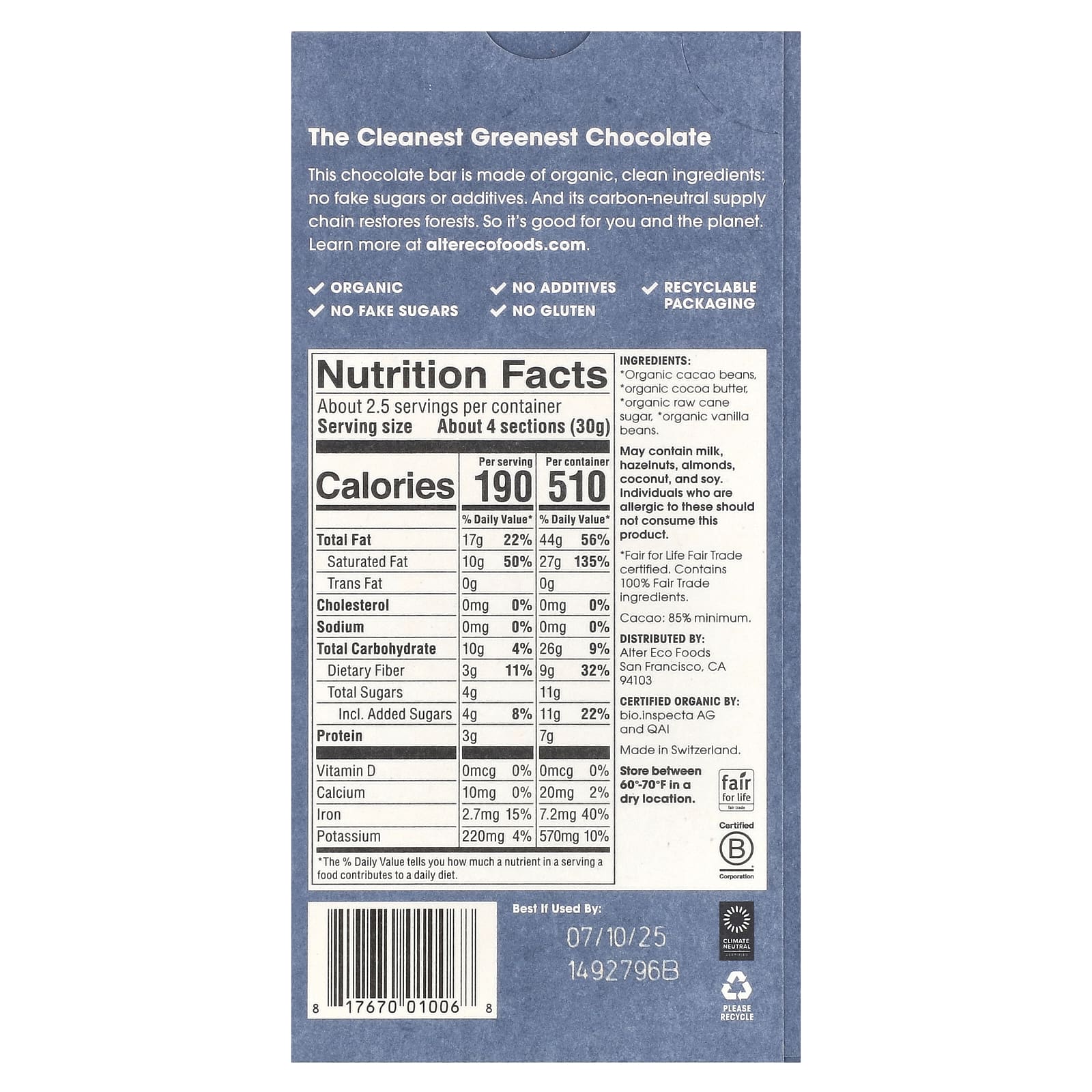 Alter Eco, плитка органического темного шоколада, классический черный, 85% какао, 80 г (2,82 унции)