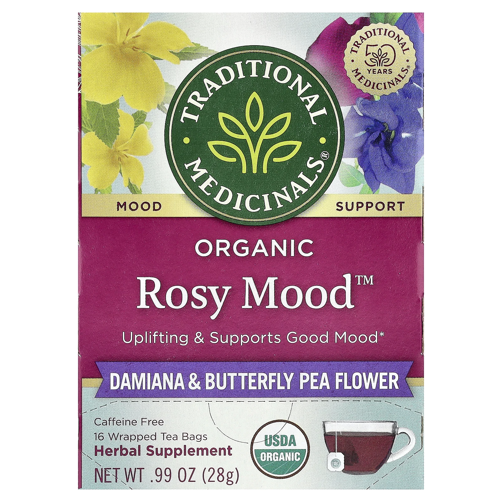Traditional Medicinals, Organic Rosy Mood ™, дамиана и цветы гороха-бабочки, без кофеина, 16 чайных пакетиков в упаковке, 28 г (0,99 унции)
