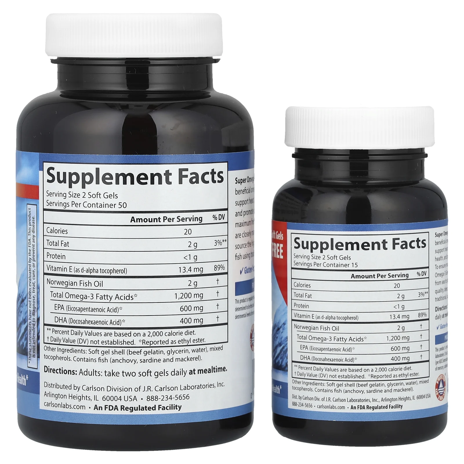 Carlson, Super Omega-3 Gems, высокоэффективные омега-3 кислоты из рыбы дикого улова, 1200 мг, 100 + 30 капсул (600 мг в 1 капсуле)