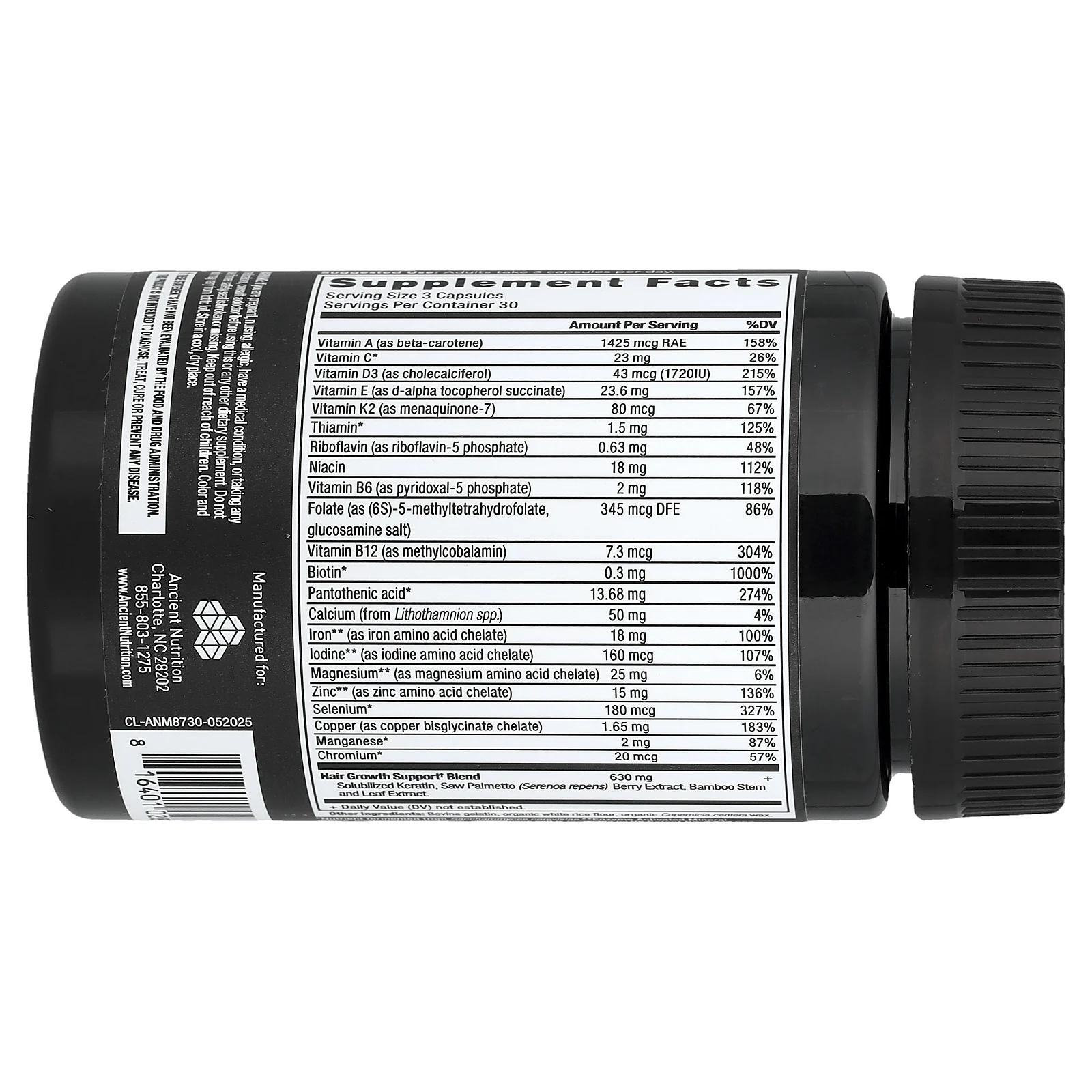 Ancient Nutrition, мультивитамины для роста волос, 90 капсул