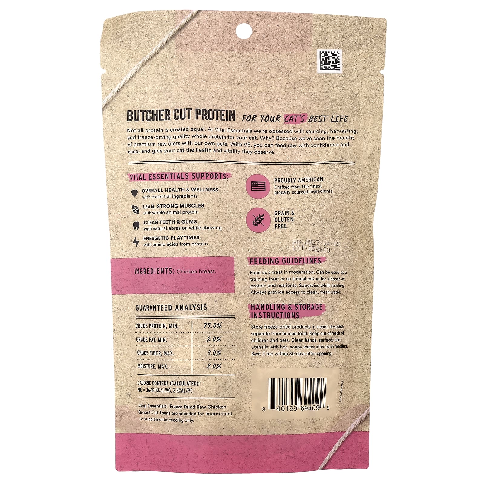 Vital Essentials, сублимированные лакомства для кошек из необработанных продуктов, со вкусом куриной грудки, 59,5 г (2,1 унции)