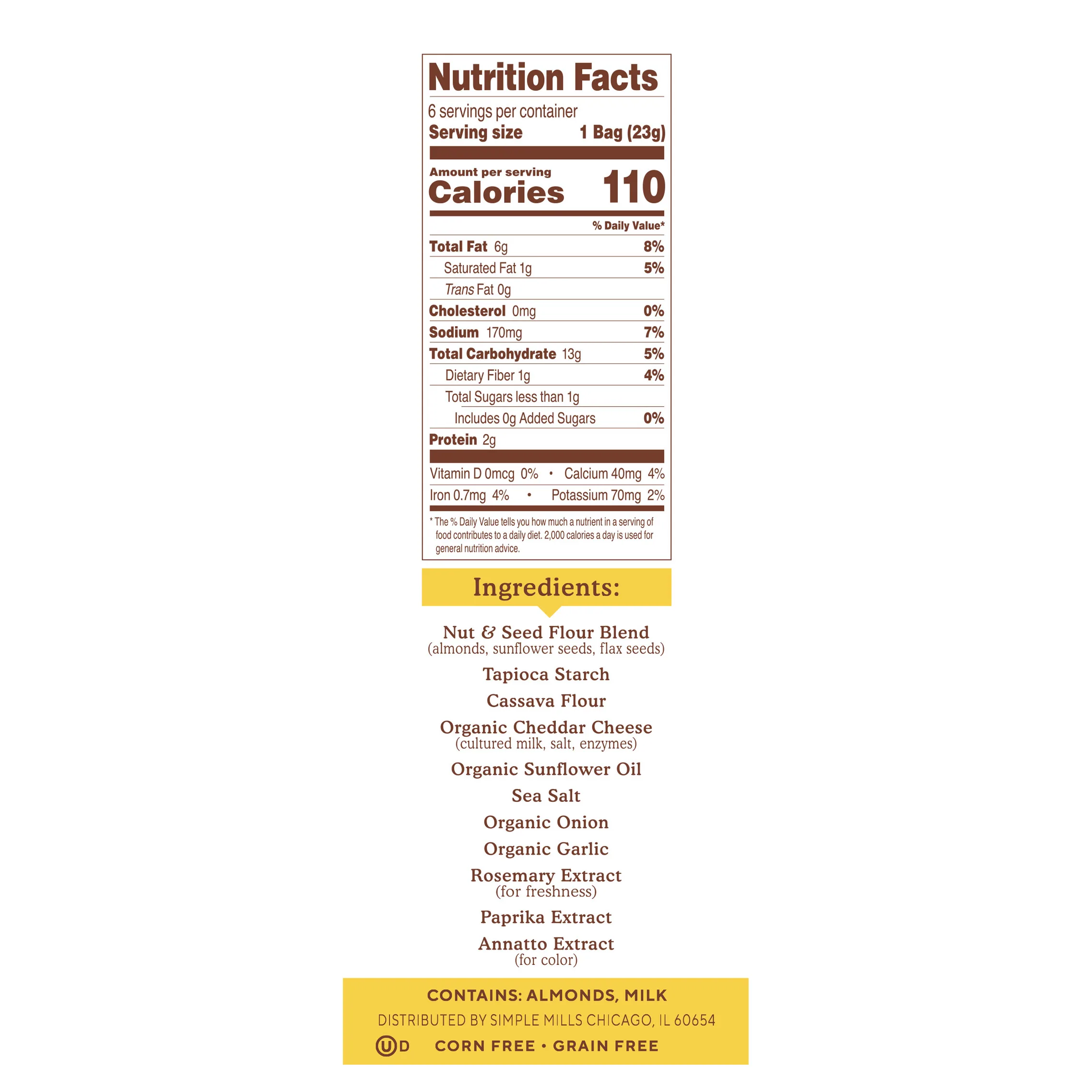Simple Mills, крекеры из миндальной муки, с фермерским чеддером, 6 упаковок по 23 г (0,8 унции)