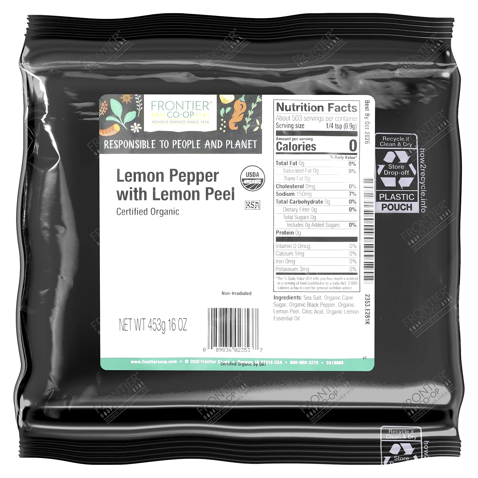 Frontier Co-op, Органический лимонный перец с лимонной цедрой, 453 г (16 унций)