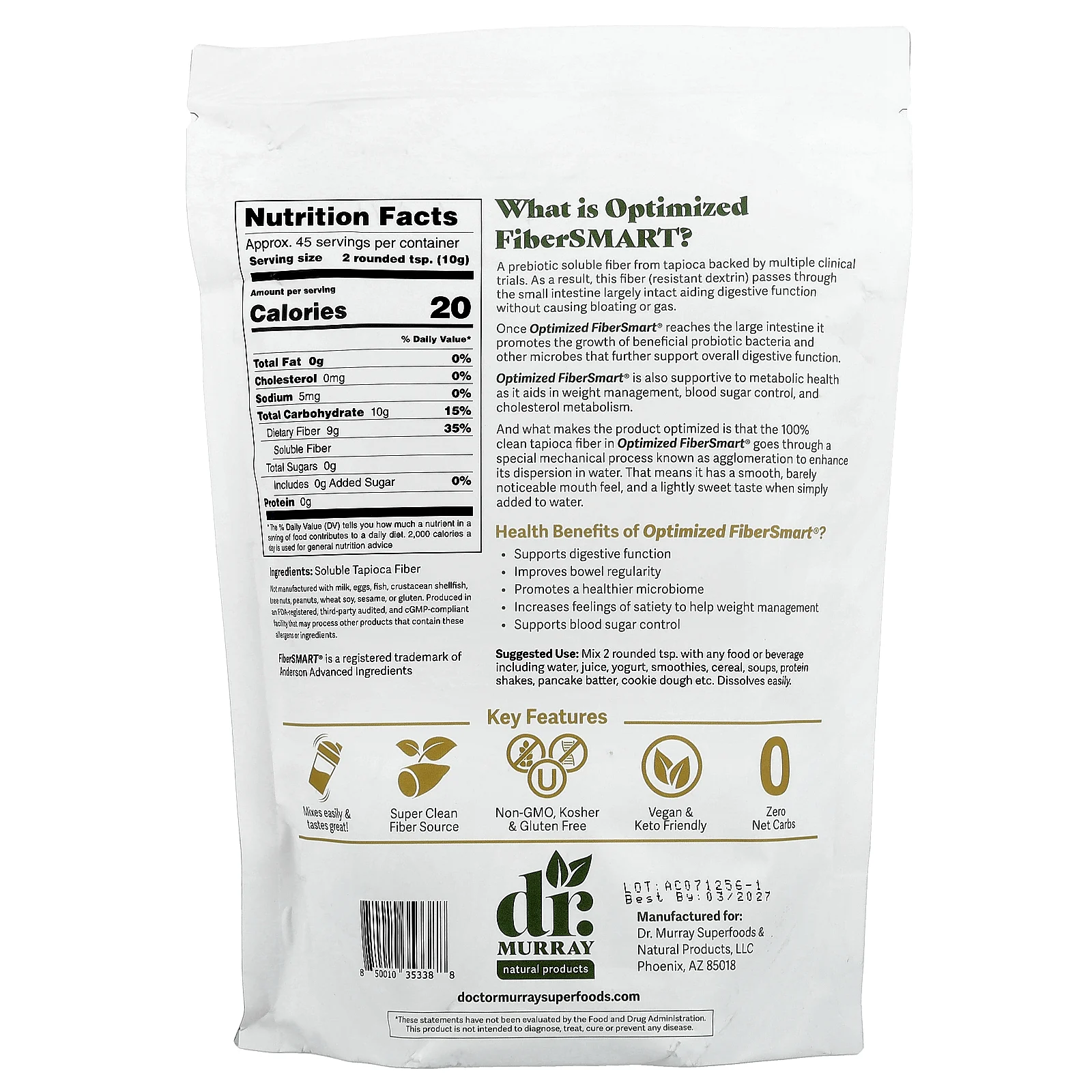 Dr. Murray's, Пребиотик, оптимизированная растворимая тапиоковая клетчатка FiberSMART®, 454 г (16 унций)