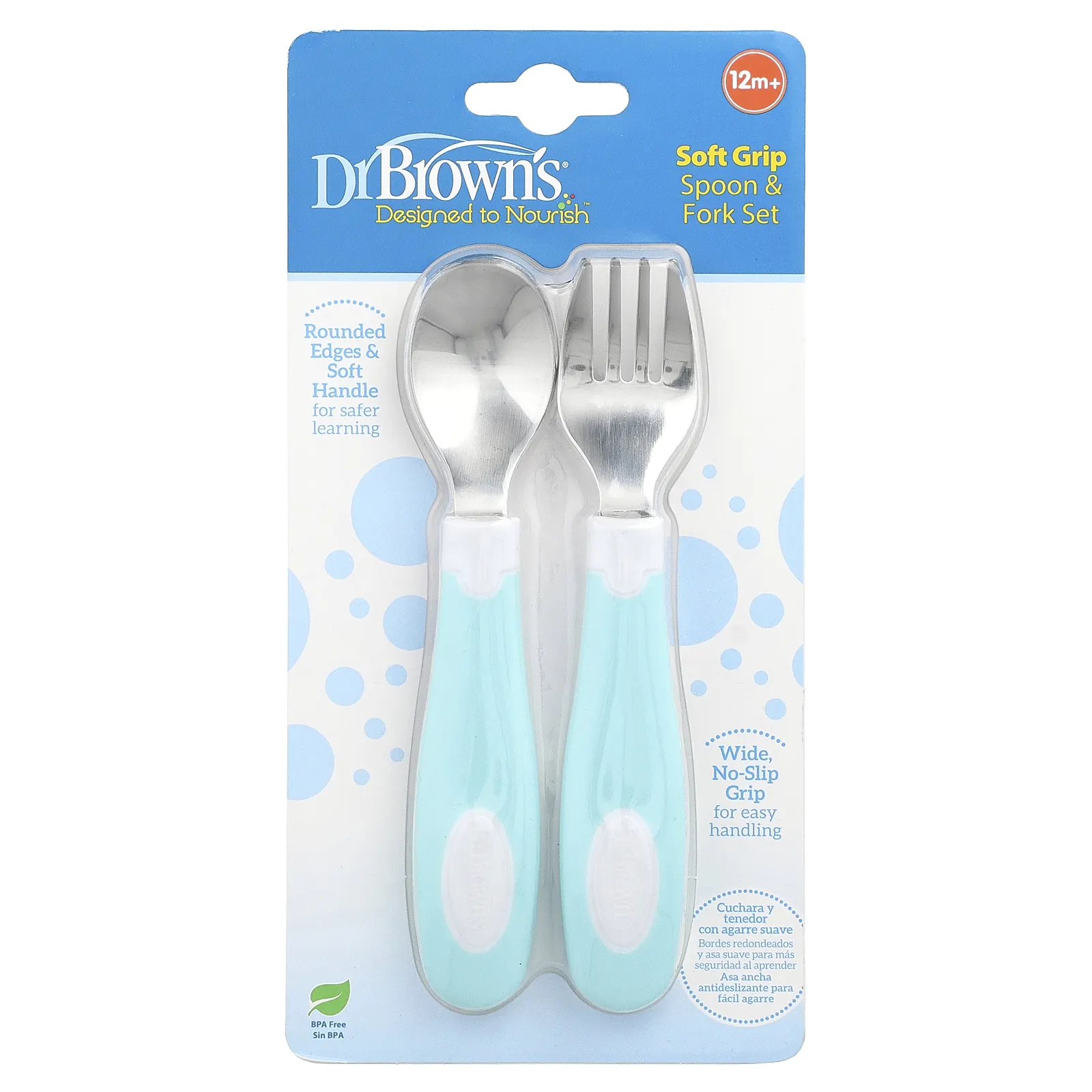 Dr. Brown's, Набор ложек и вилок с мягкой ручкой, для детей старше 12 месяцев, бирюзовый, набор из 2 предметов