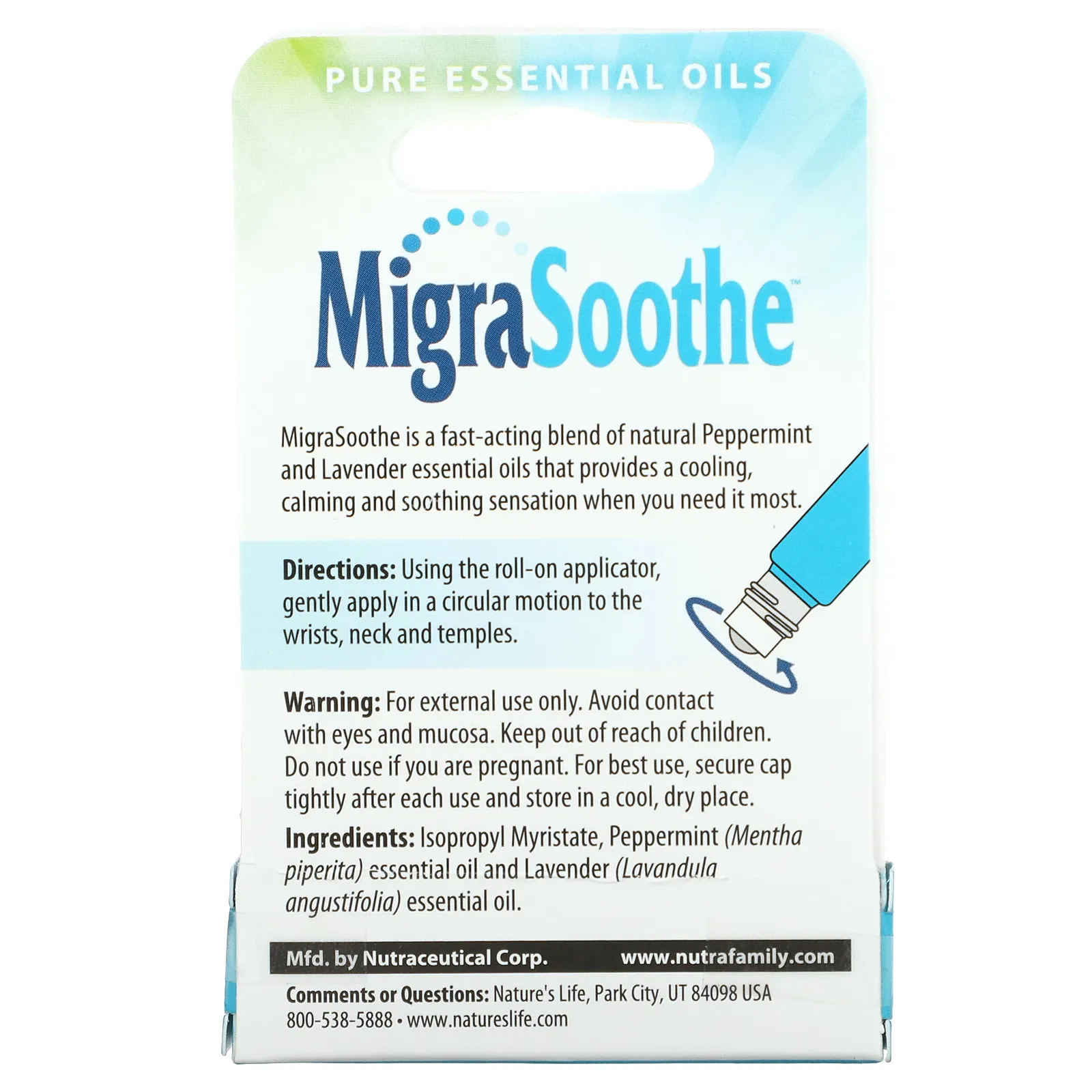 Nature's Life, MigraSoothe, шариковый аппликатор, с ароматом лаванды и перечной мяты, 3 мл (0,1 жидк. Унции)