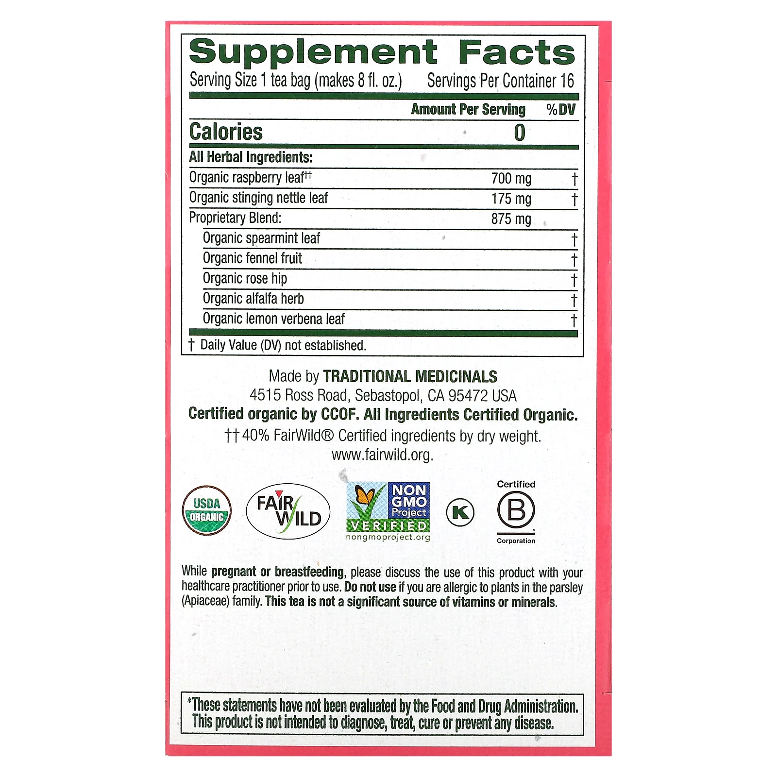 Traditional Medicinals, органический чай для беременных, листья малины, без кофеина, 16 чайных пакетиков, 28 г (0,99 унции)