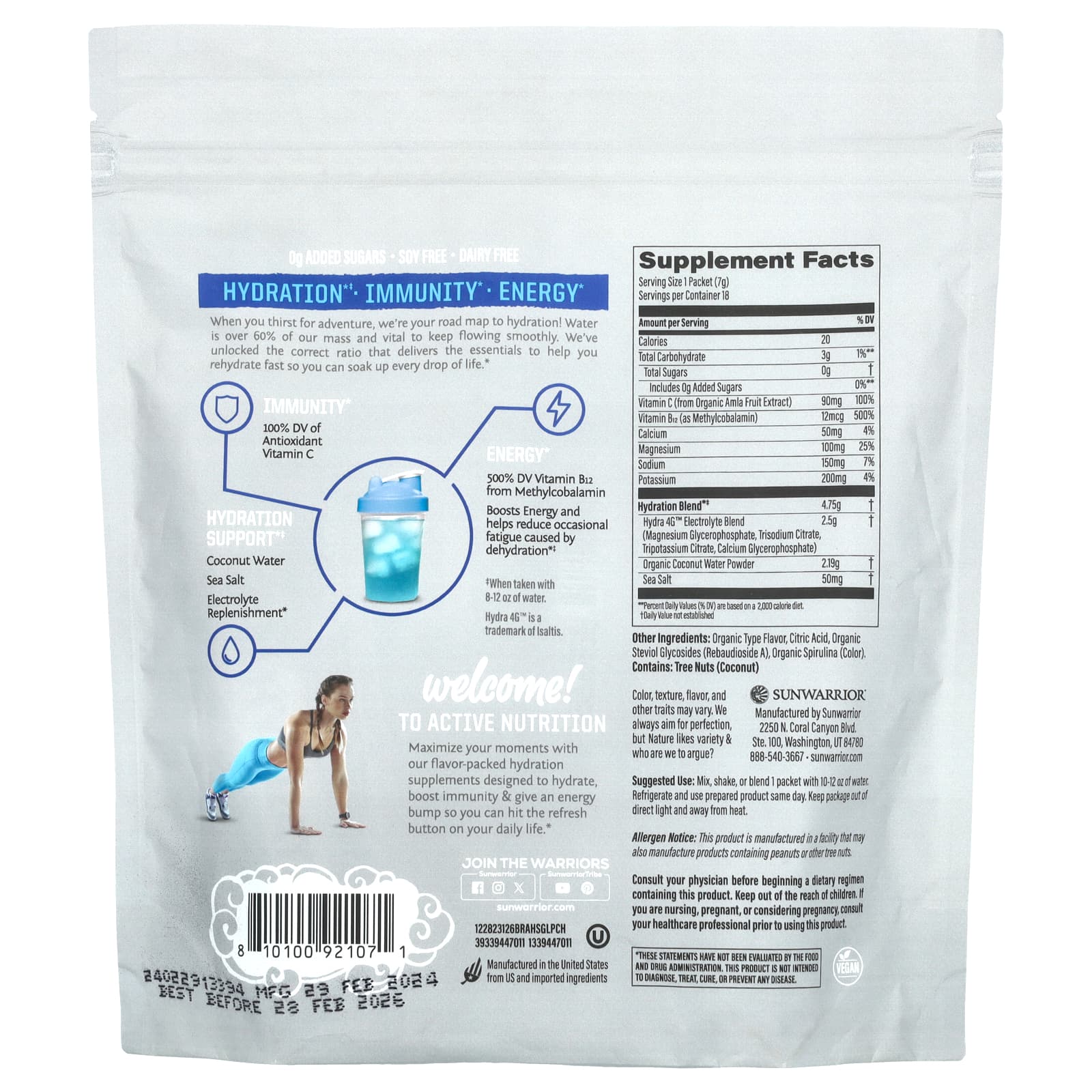 Sunwarrior, Sport, активное увлажнение, голубая малина, 18 пакетиков по 7 г (0,24 унции)