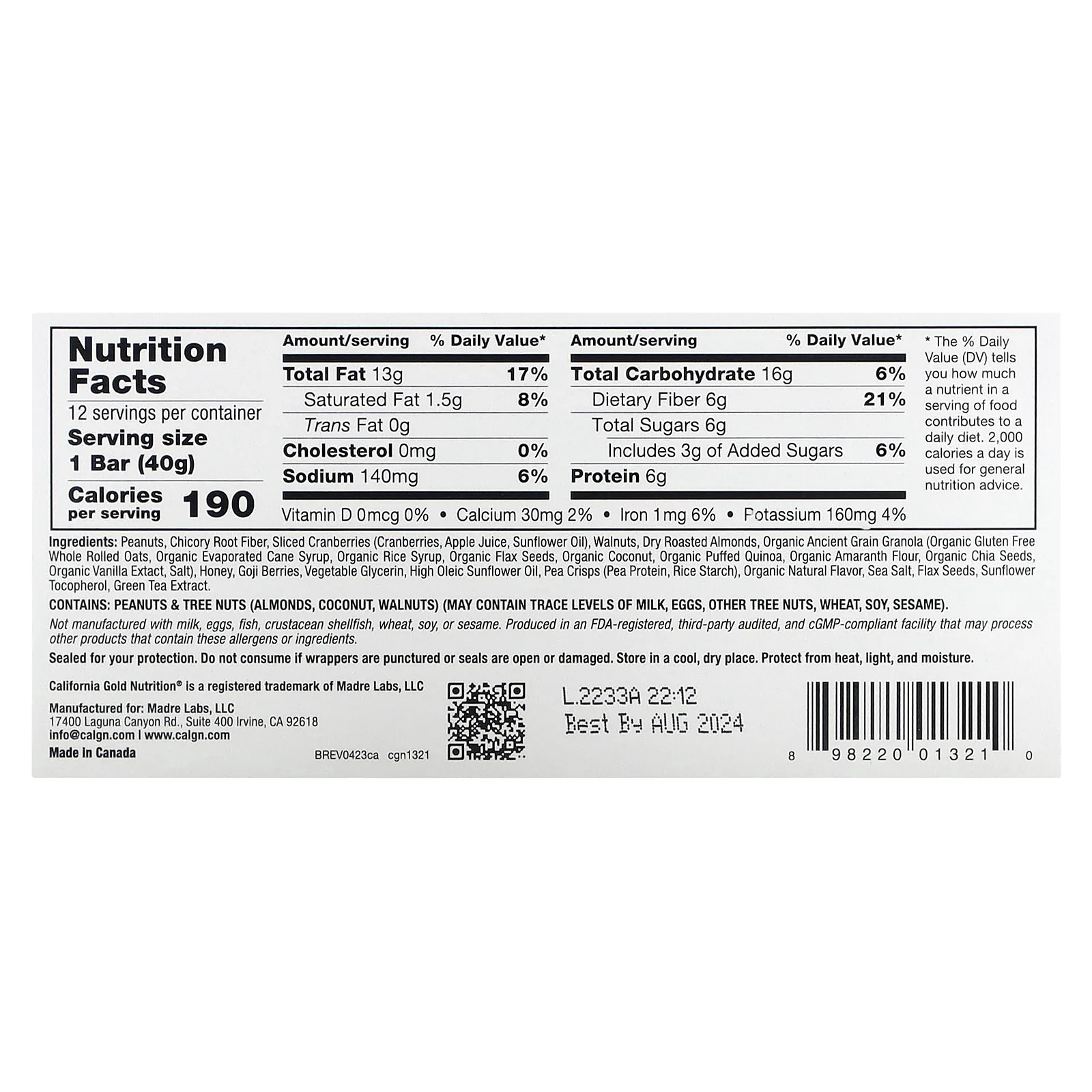 California Gold Nutrition, FOODS, батончики-мюсли с клюквой и миндалем, 12 шт. по 40 г (1,4 унции)