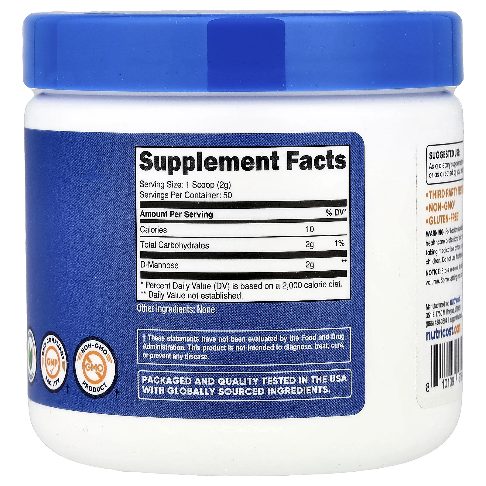 Nutricost, D-манноза, без добавок, 100 г (3,6 унции)