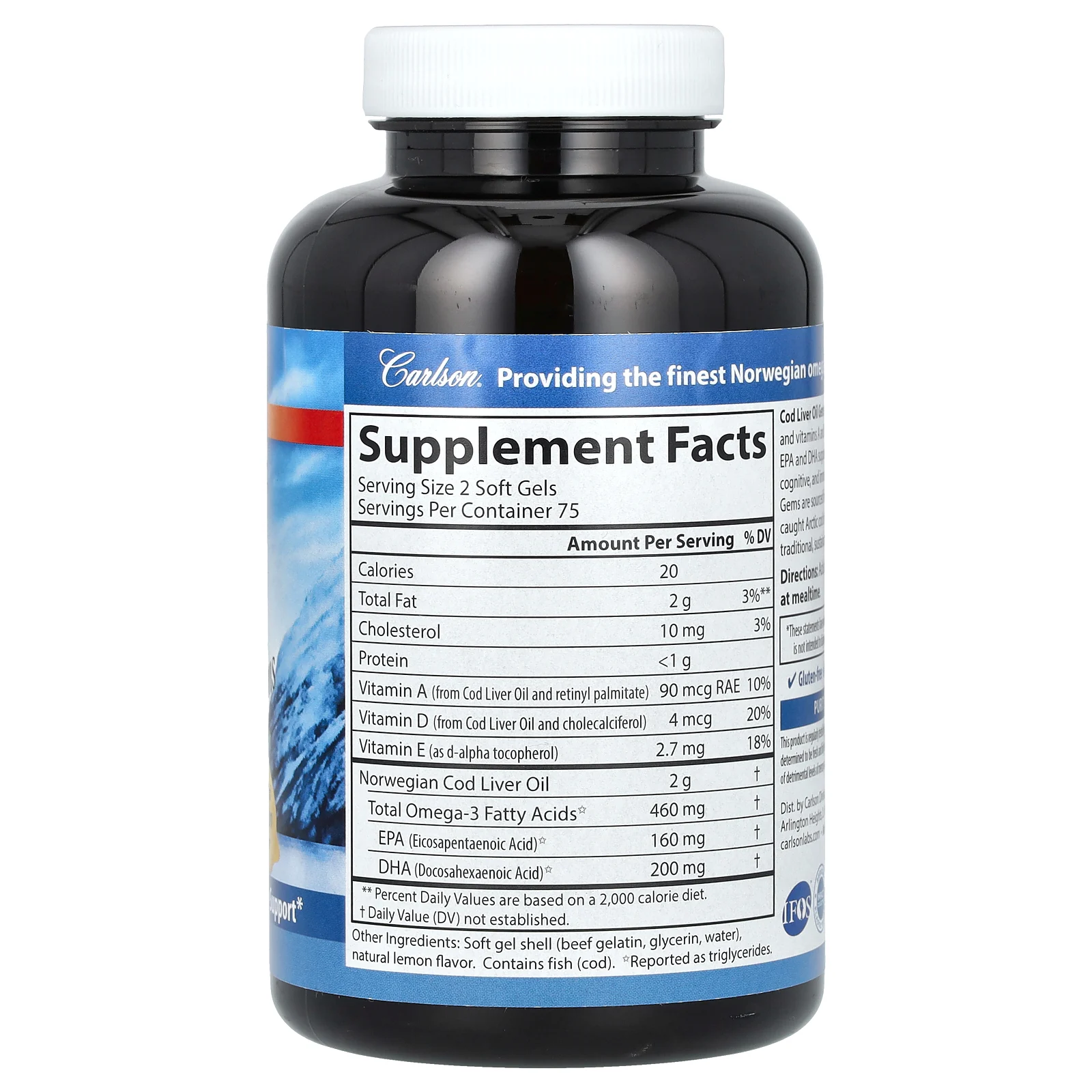 Carlson, Cod Liver Oil Gems, жир из печени норвежской трески дикого улова, с натуральным лимонным вкусом, 460 мг, 150 капсул (230 мг в 1 капсуле)