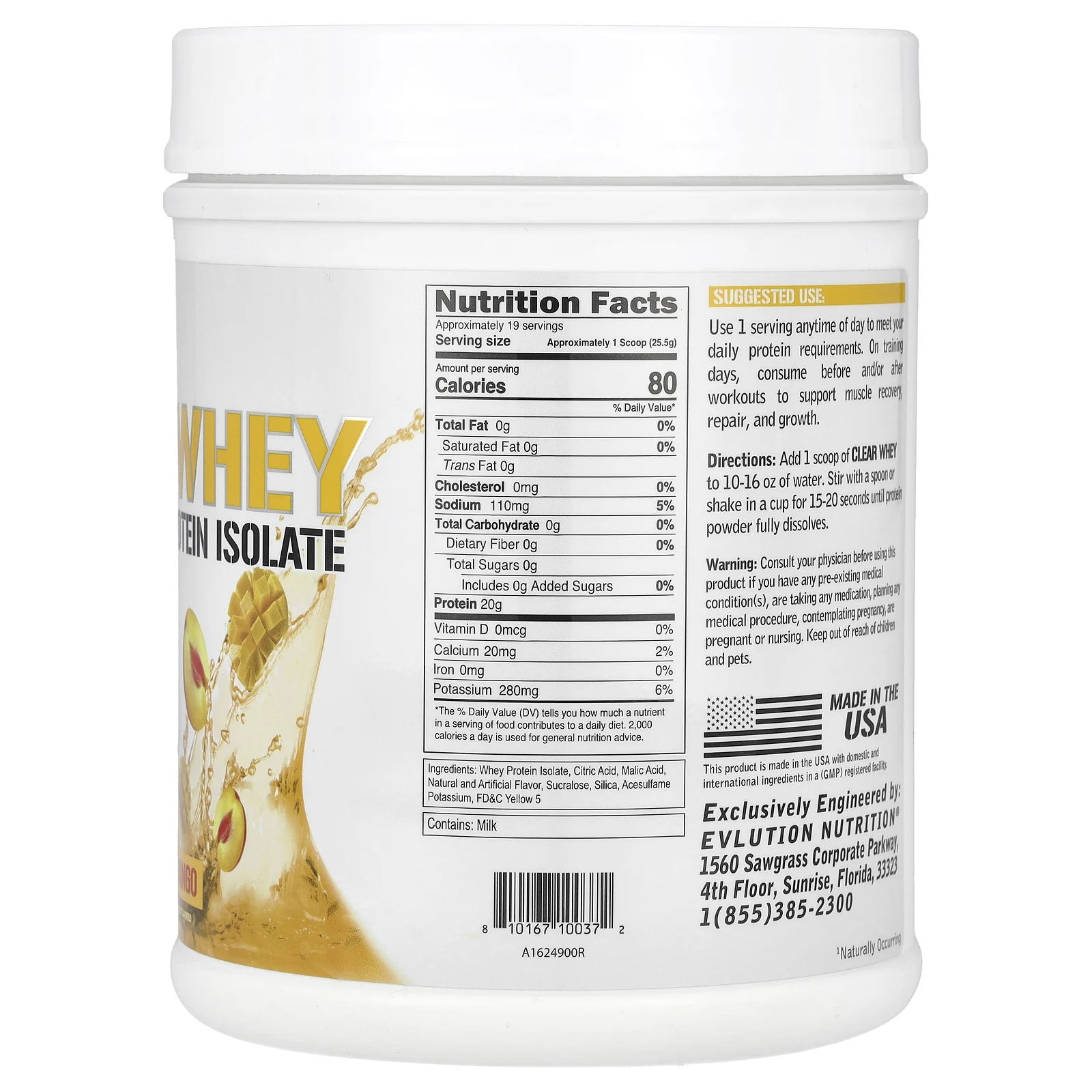 EVLution Nutrition, Clear Whey, 100% изолят сывороточного протеина, персик и манго, 500 г (1,1 фунта)