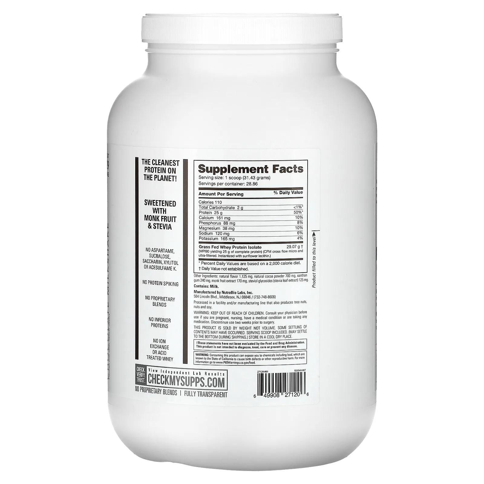 NutraBio, Изолят сывороточного протеина травяного откорма, шоколадный молочный коктейль, 907 г (2 фунта)