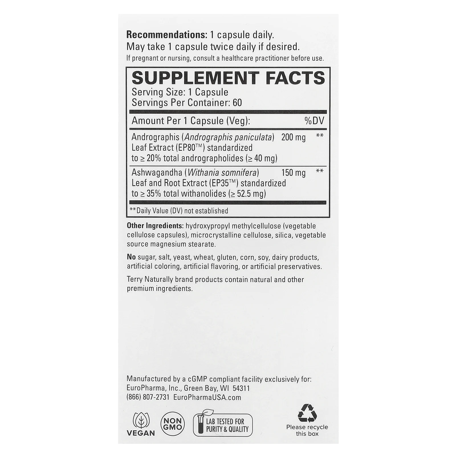 Terry Naturally, Андрографис и ашваганда, 60 капсул