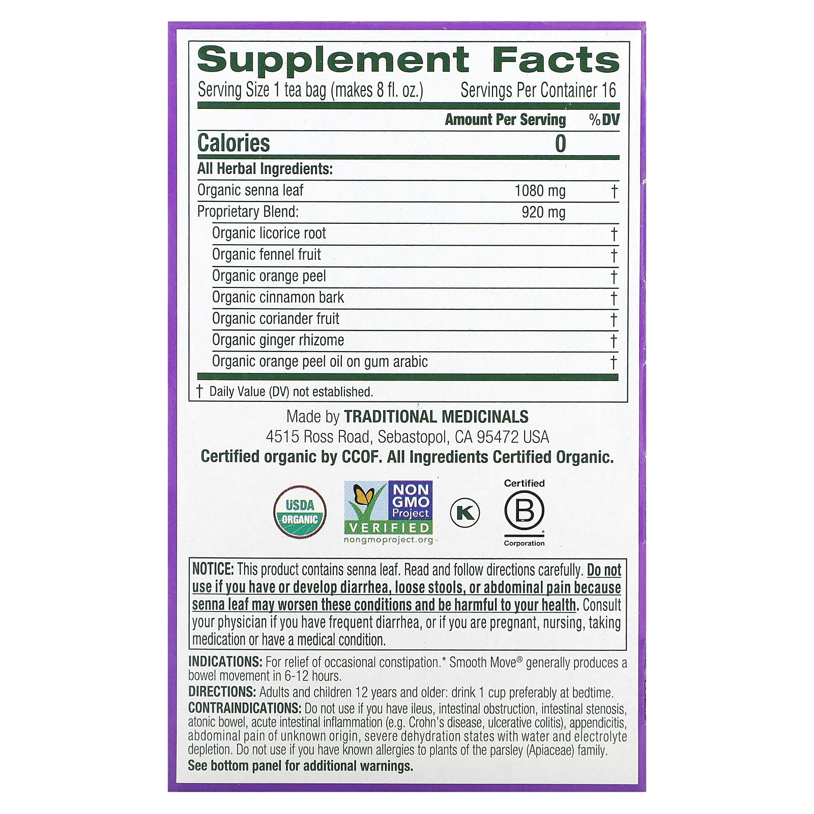 Traditional Medicinals, Organic Smooth Move, оригинальный с сенной, без кофеина, 16 чайных пакетиков, 32 г (1,13 унции)