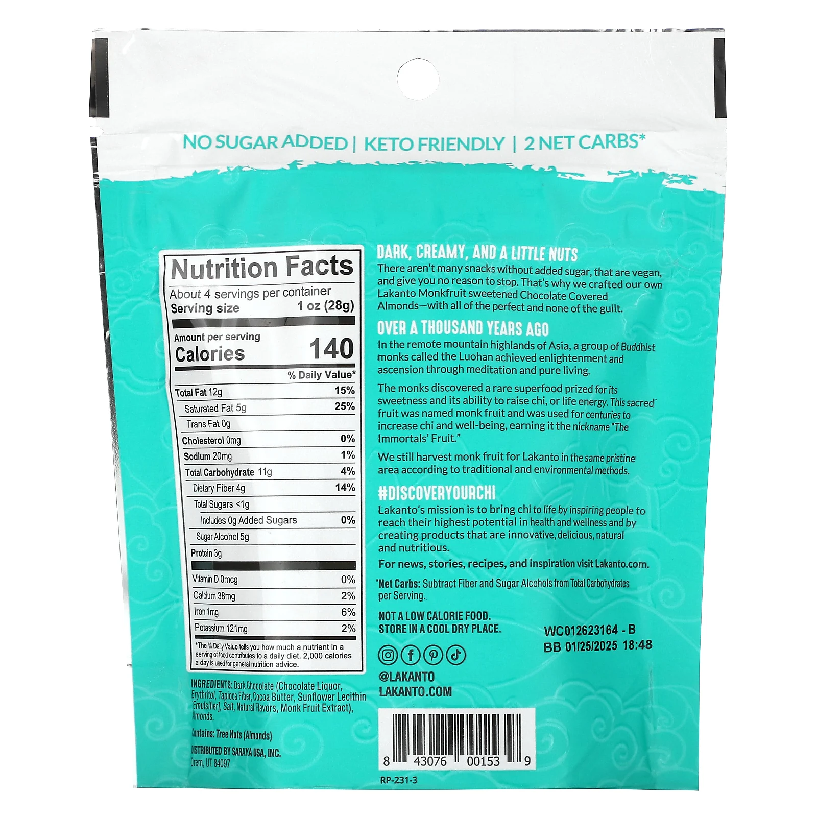 Lakanto, миндаль в шоколадной глазури, 113 г (4 унции)