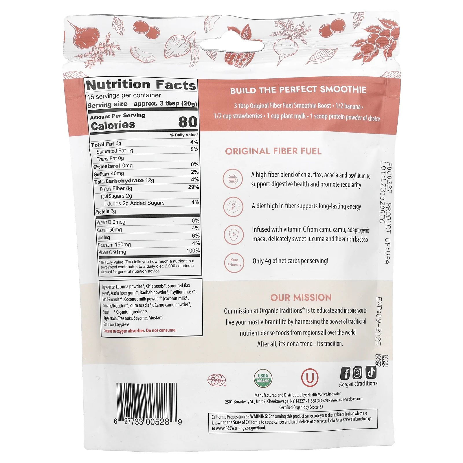 Organic Traditions, Fiber Fuel Smoothie Boost, оригинальный, 300 г (10,6 унции)