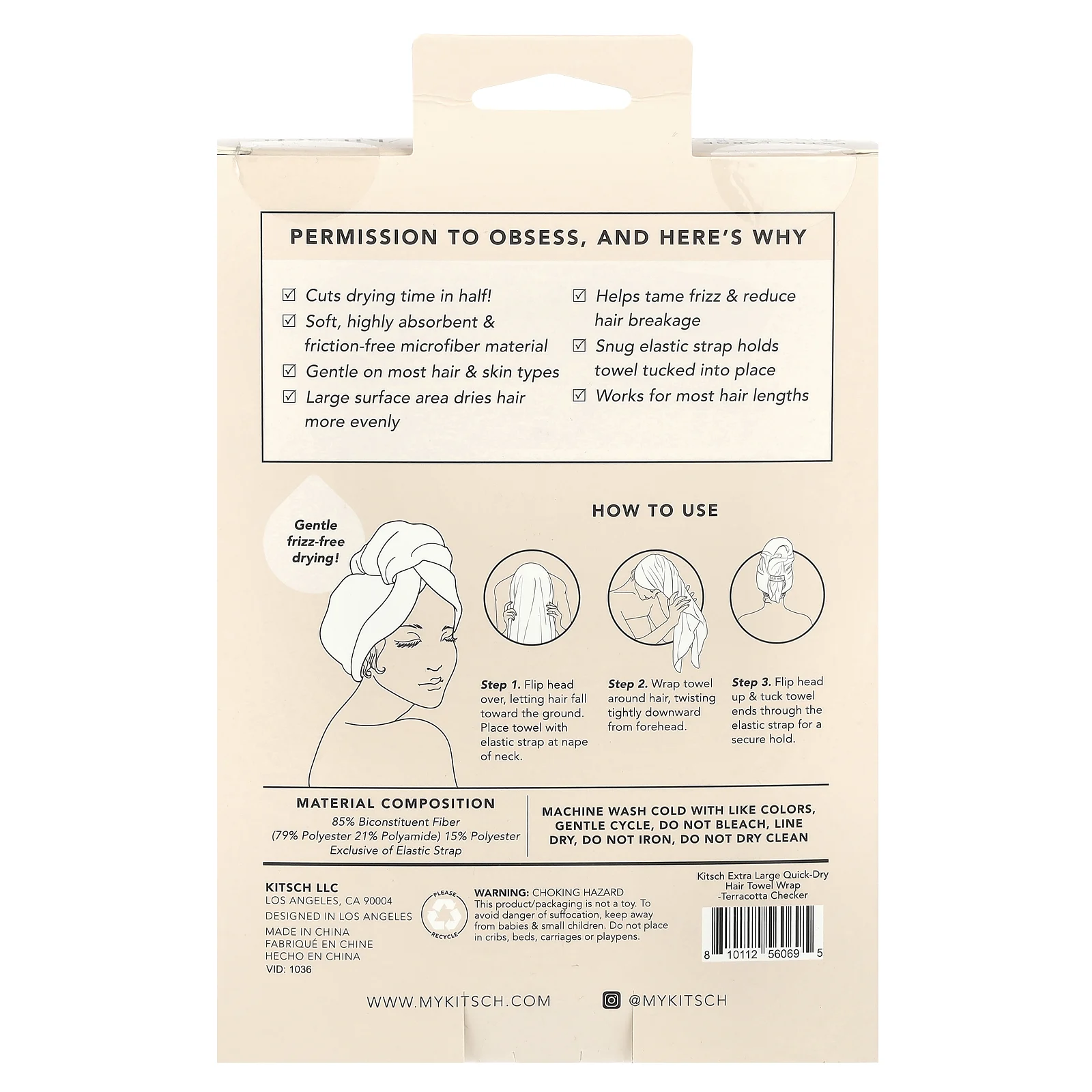 Kitsch, Быстросохнущее полотенце для волос, очень большое, в терракотовую клетку, 1 упаковка