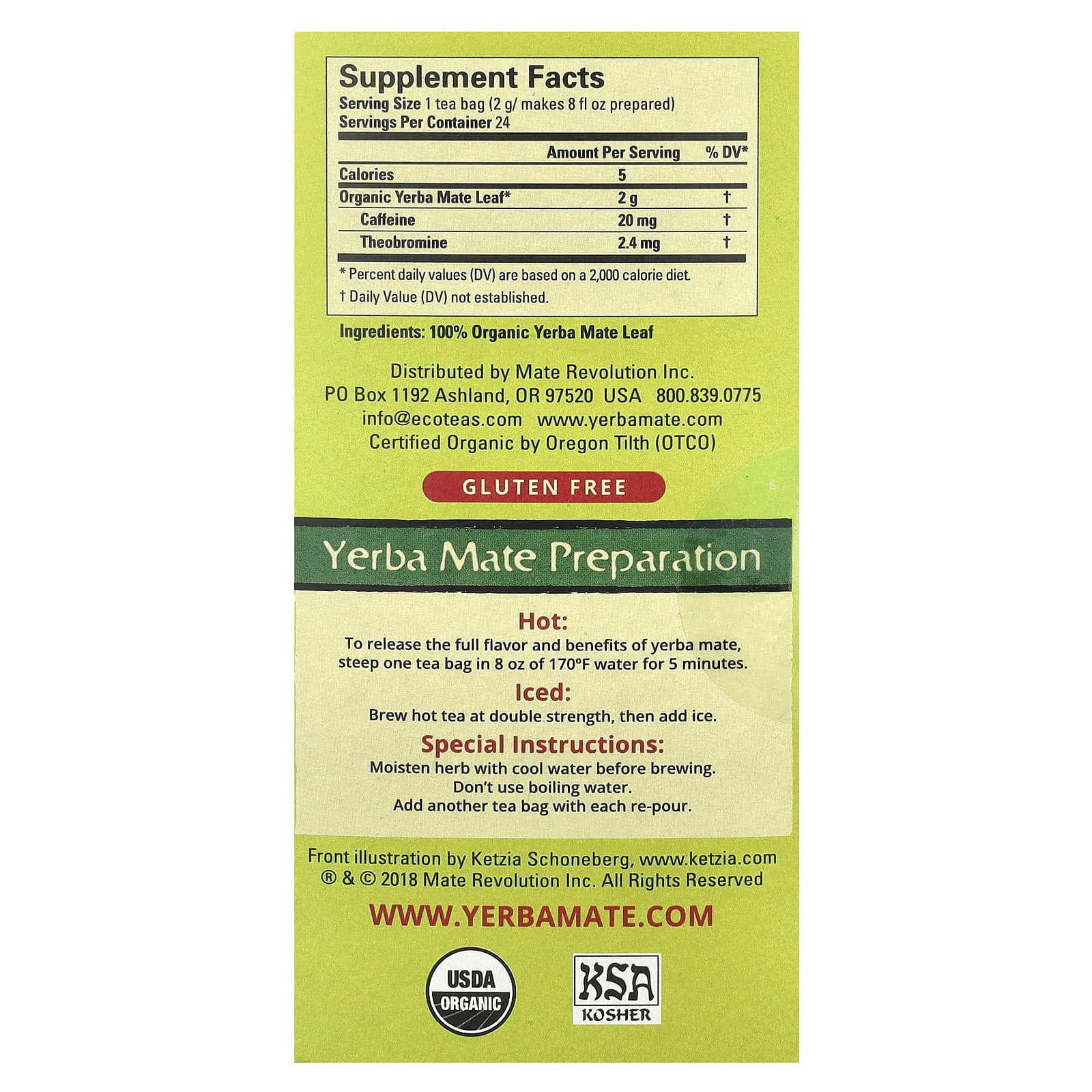 EcoTeas, Yerba Mate, некопченный, зеленая энергия, 24 чайных пакетика, 48 г (1,7 унции)