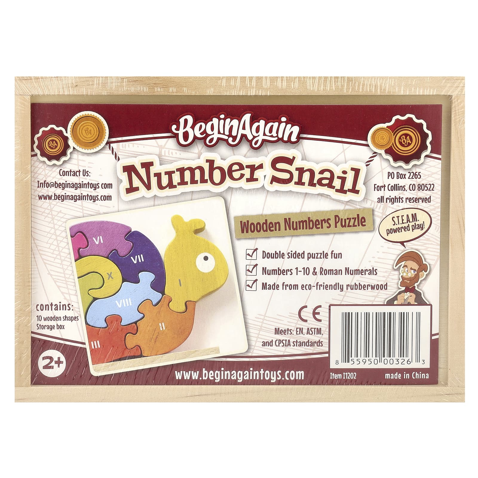 Begin Again Toys, Number Snail, Teach & Play Puzzle, 2+ Years, 10 шт.