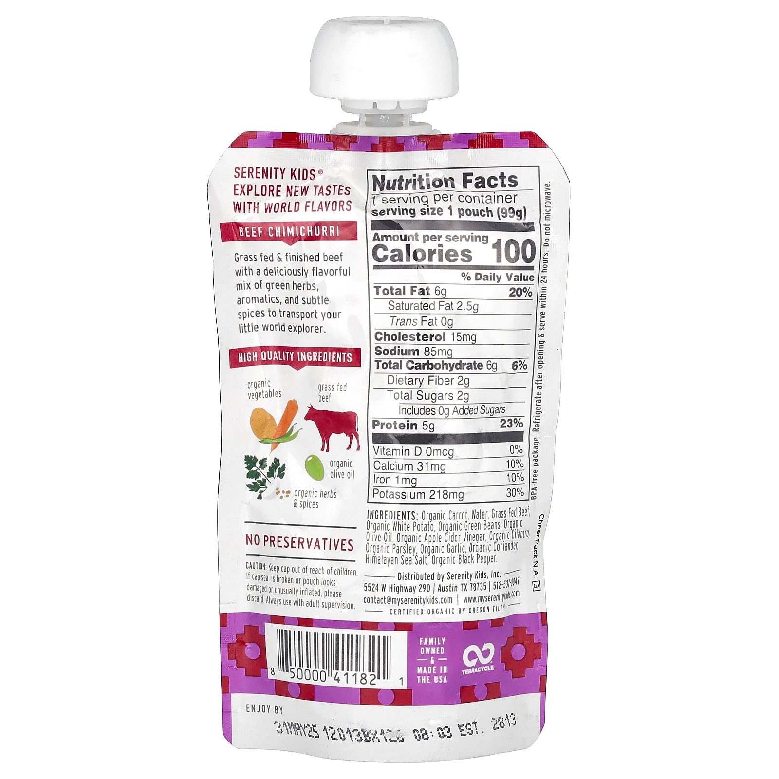 Serenity Kids, чимичурри из говядины с морковью, петрушкой, кинзой и зеленой фасолью, для детей от 7 месяцев, 99 г (3,5 унции)
