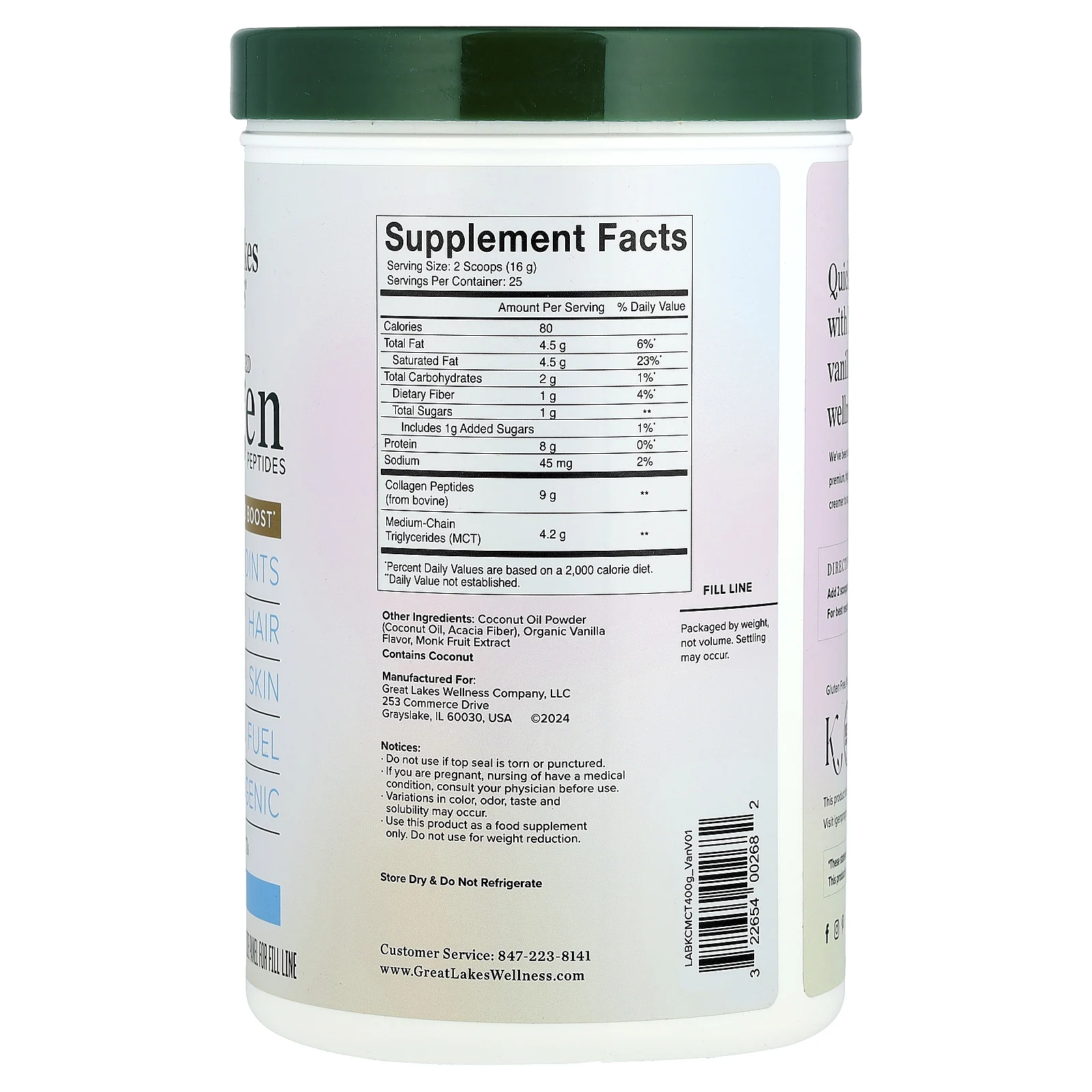 Great Lakes Wellness, Daily Keto Collagen, сливки без молочных продуктов, ваниль, 400 г (14,1 унции)