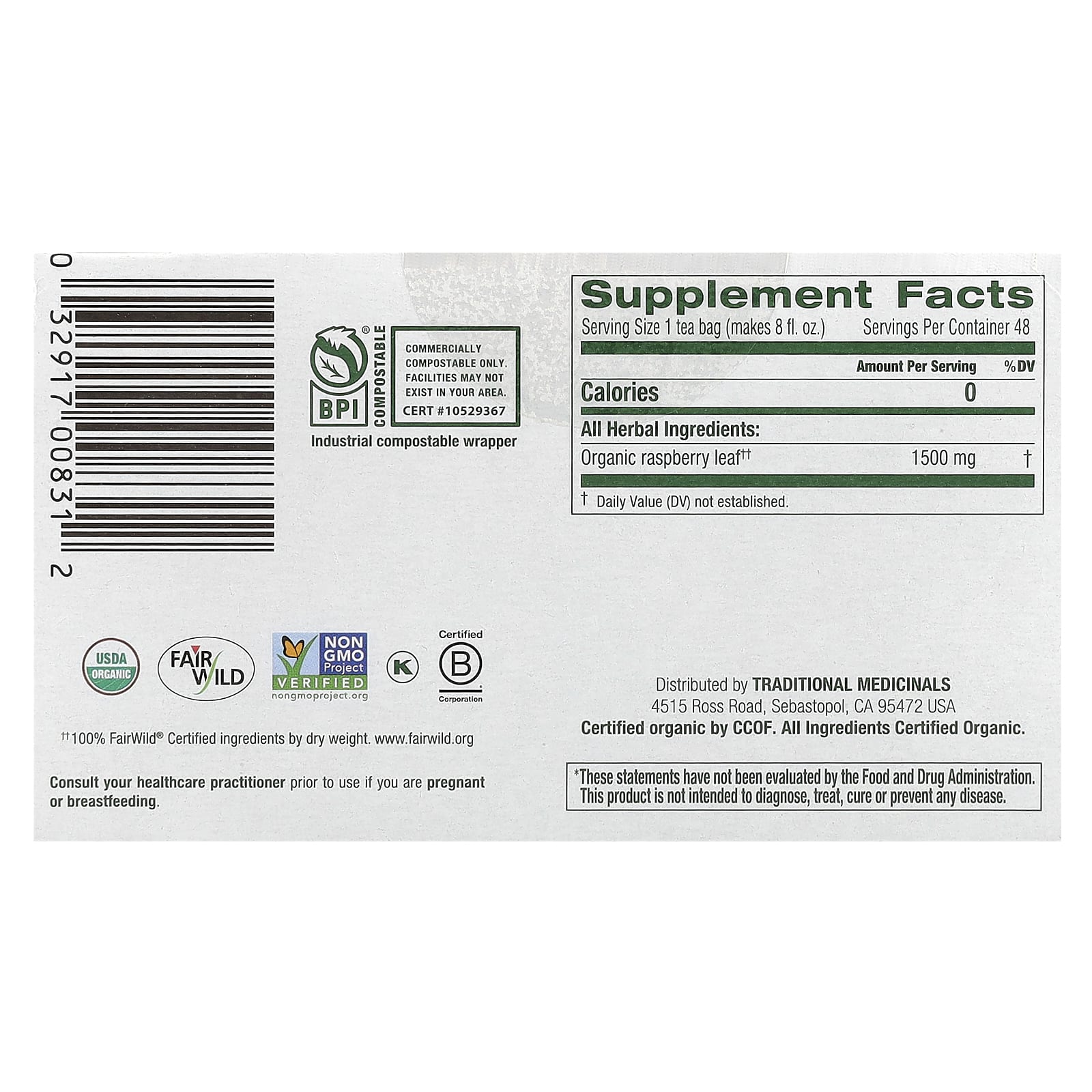 Traditional Medicinals, Органические листья малины, без кофеина, 48 чайных пакетиков, 72 г (2,53 унции)