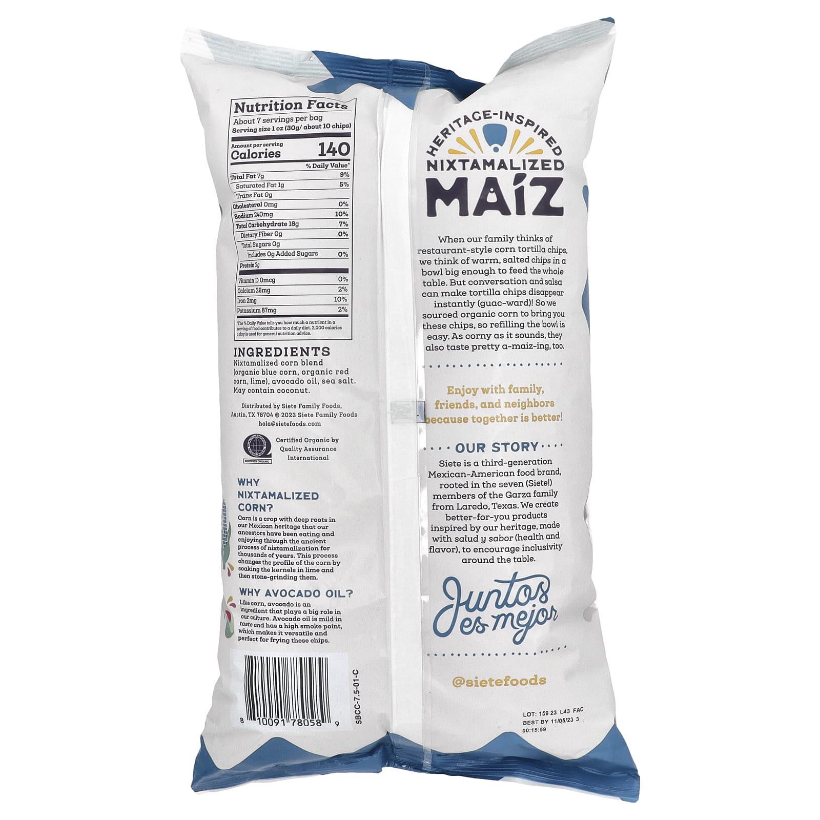 Siete, Чипсы из кукурузной тортильи Maiz Totopos, голубая кукуруза, 212,6 г (7,5 унции)