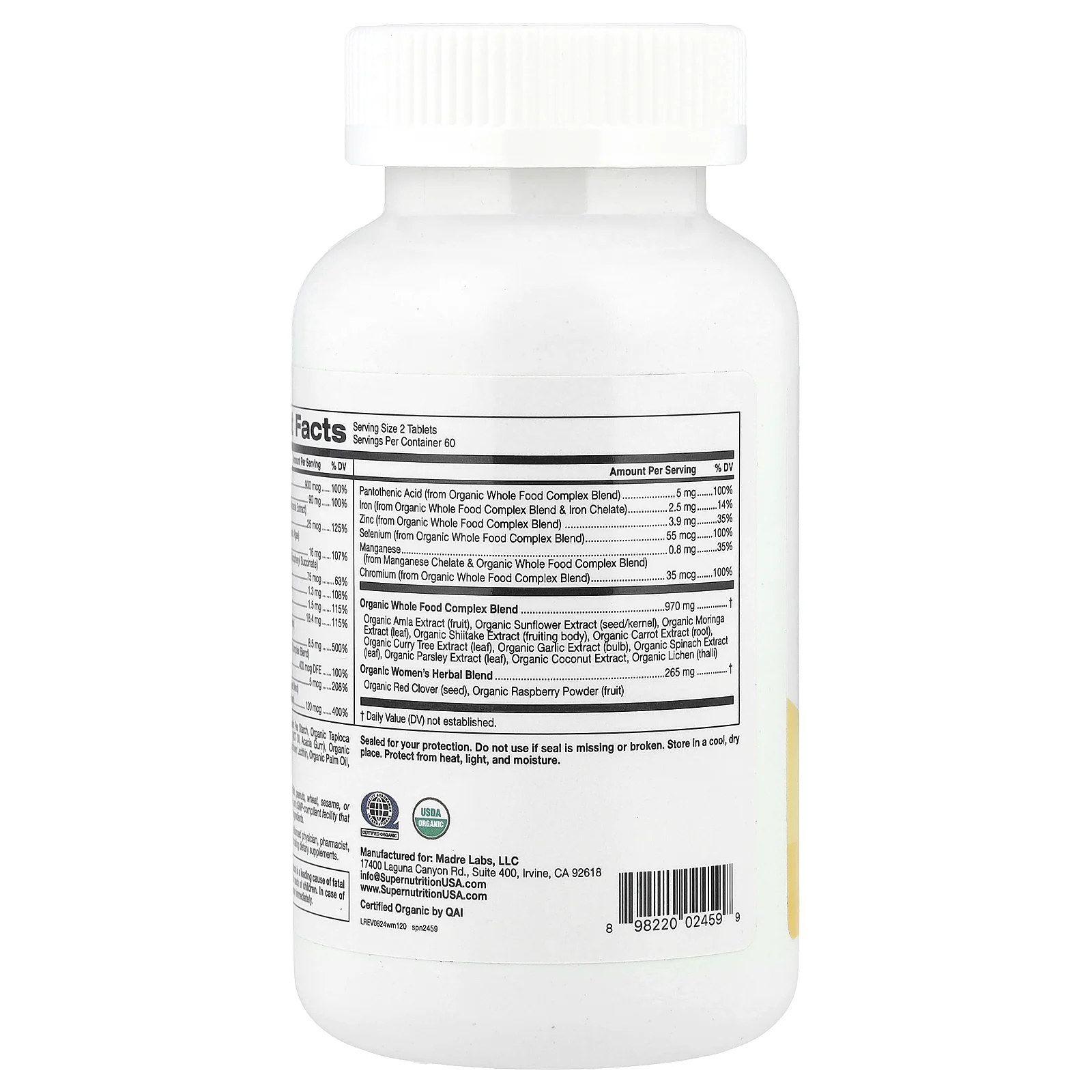 Super Nutrition, мультивитамины из органических цельных продуктов для женщин, 120 таблеток