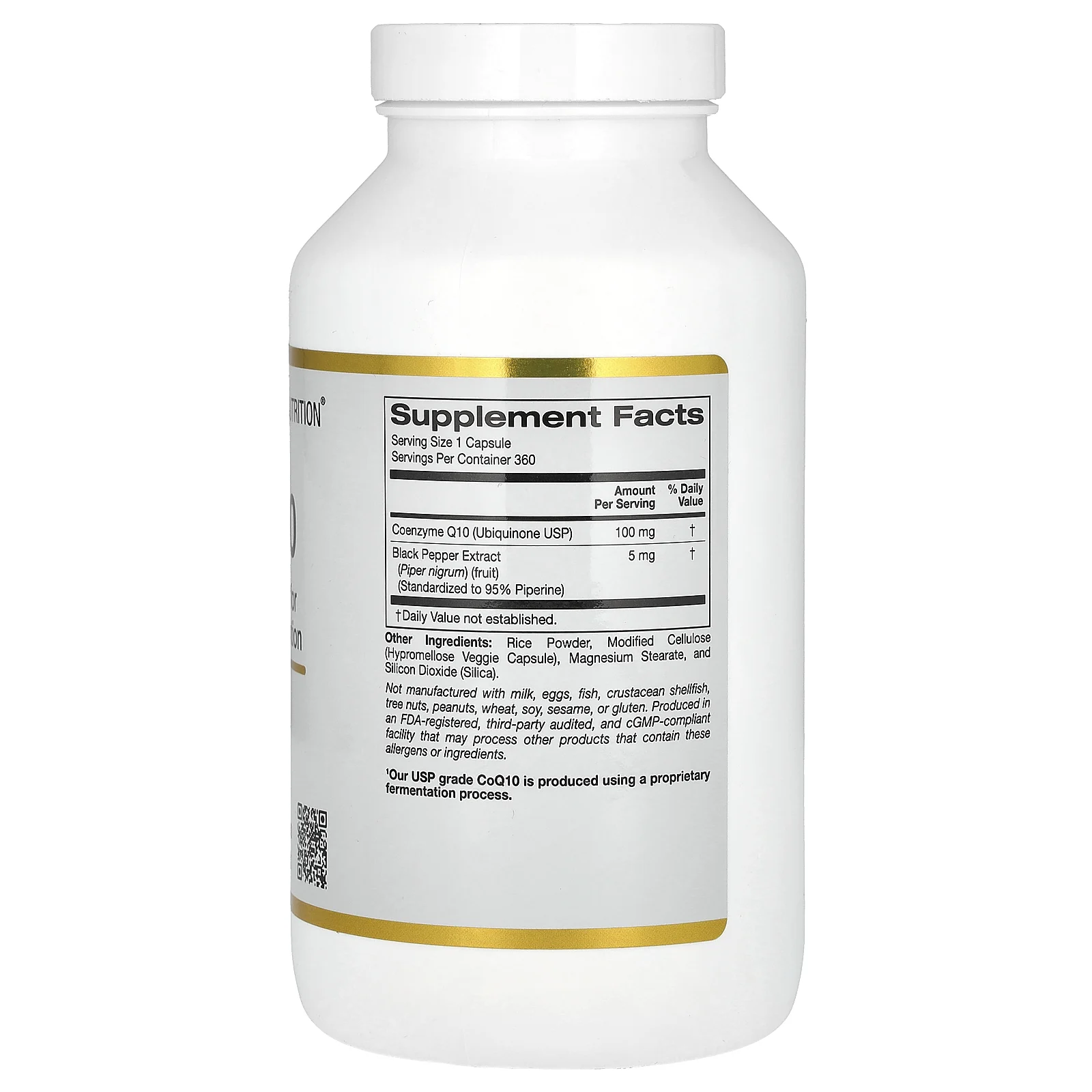 California Gold Nutrition, Коэнзим Q10 класса USP с экстрактом BioPerine, 100 мг, 360 растительных капсул