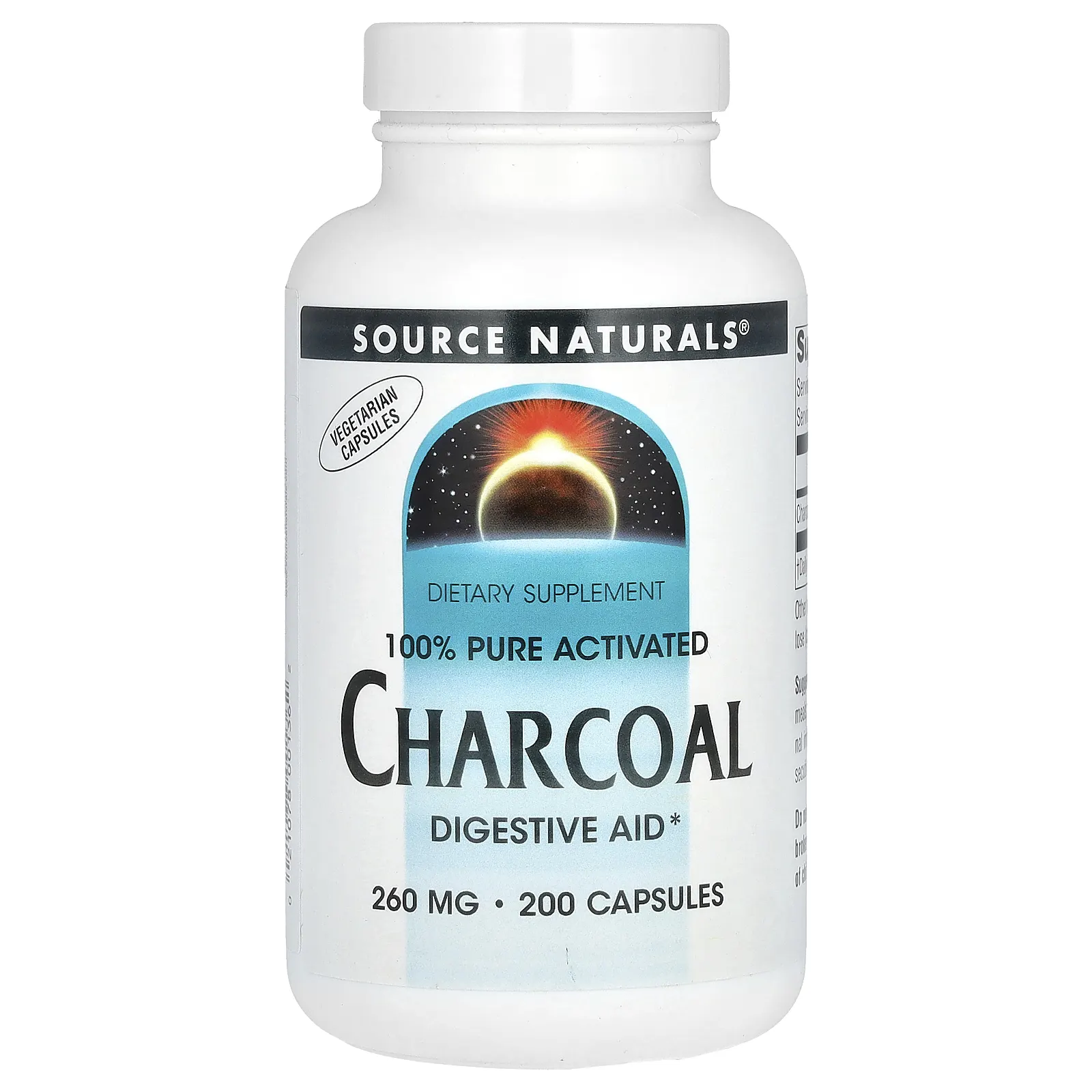 Source Naturals, 100% чистый активированный уголь, 260 мг, 200 капсул