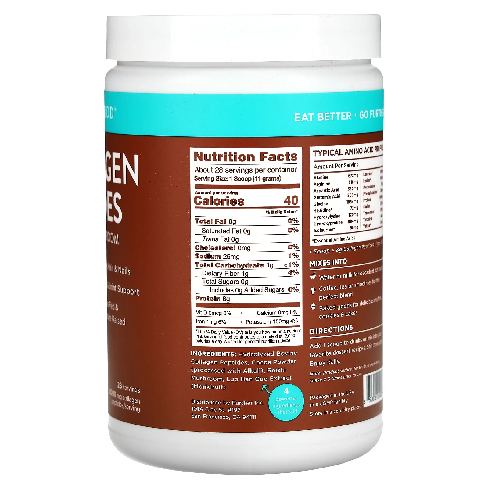 Further Food, пептиды коллагена с грибами рейши, шоколад, 312 г (11,01 унции)